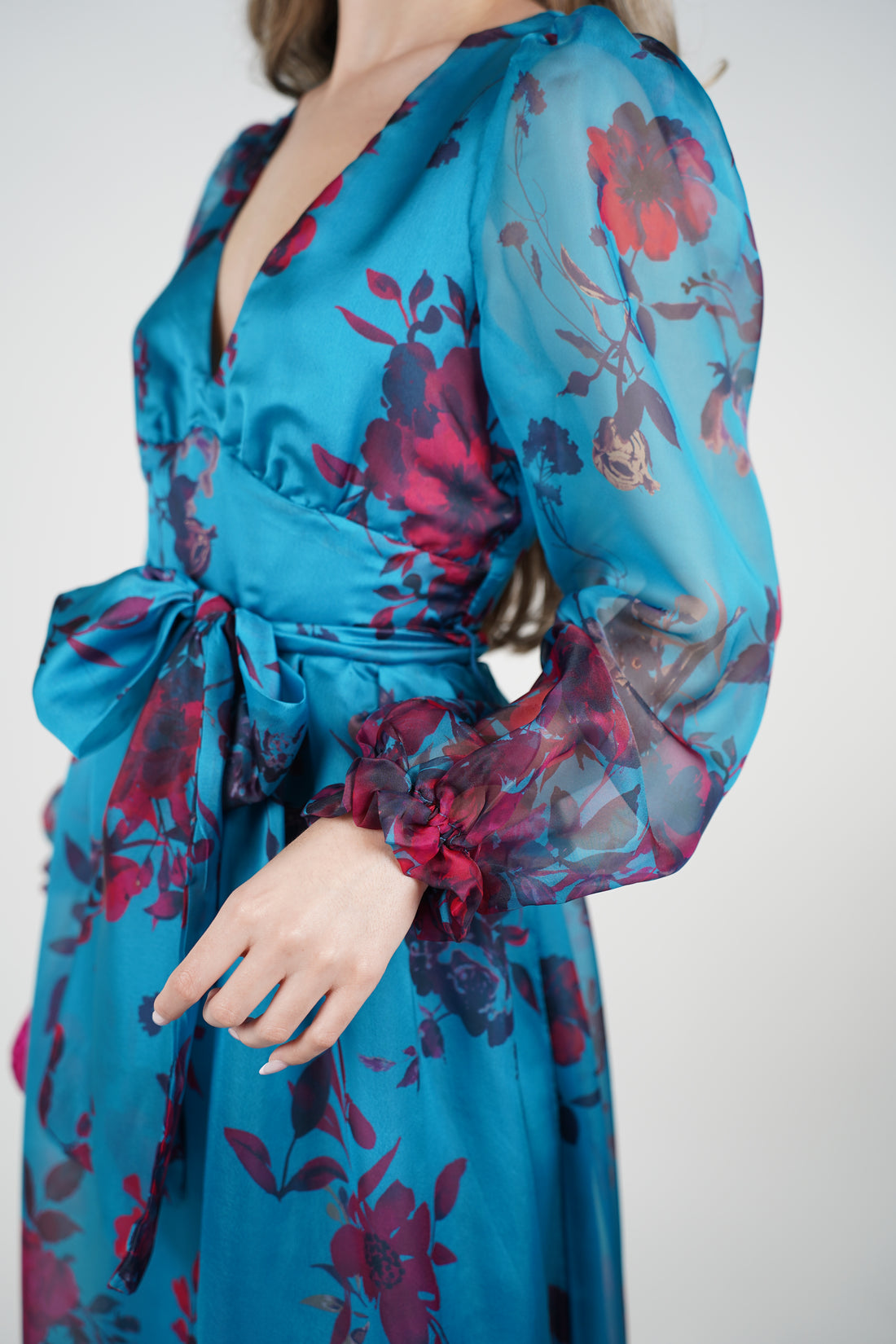 Helia Floral Maxi Dress – Teal Chiffon Wrap Dress with Romantic Blooms