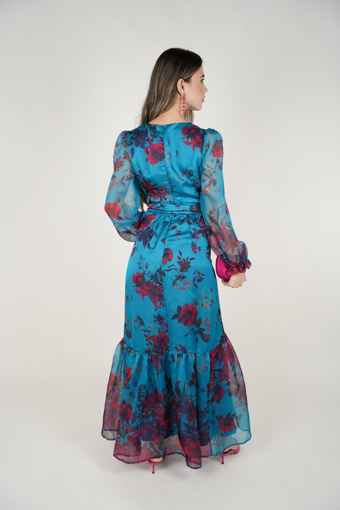 Helia Floral Maxi Dress – Teal Chiffon Wrap Dress with Romantic Blooms
