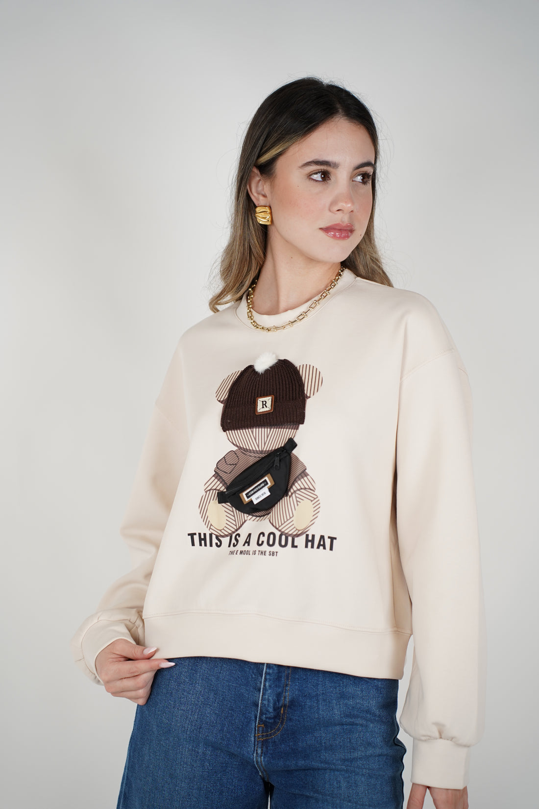 Jolie Bear Sweater – Beige Pullover with 3D Teddy Patch