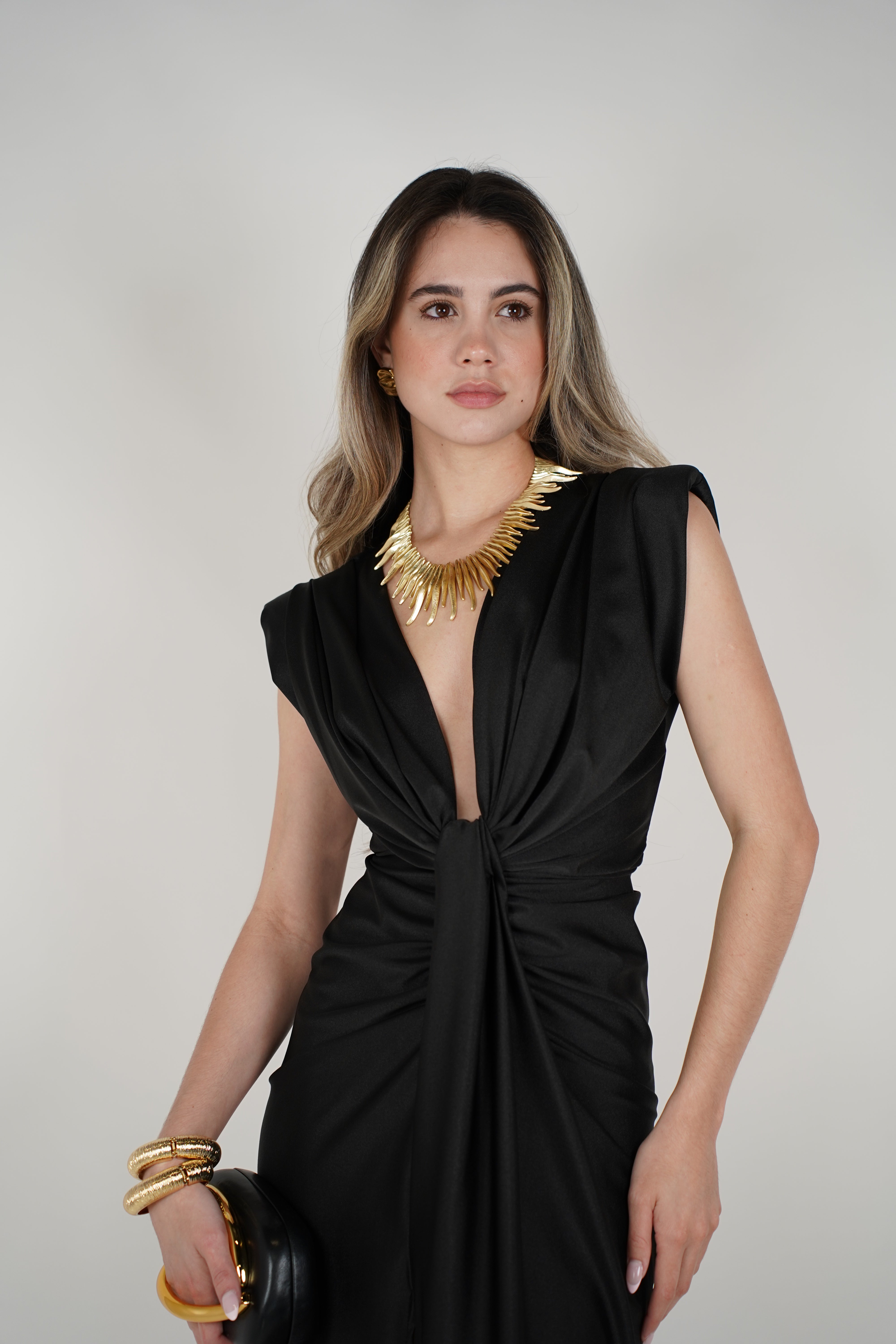 Fiora Midi Dress – Elegant Draped Black Dress