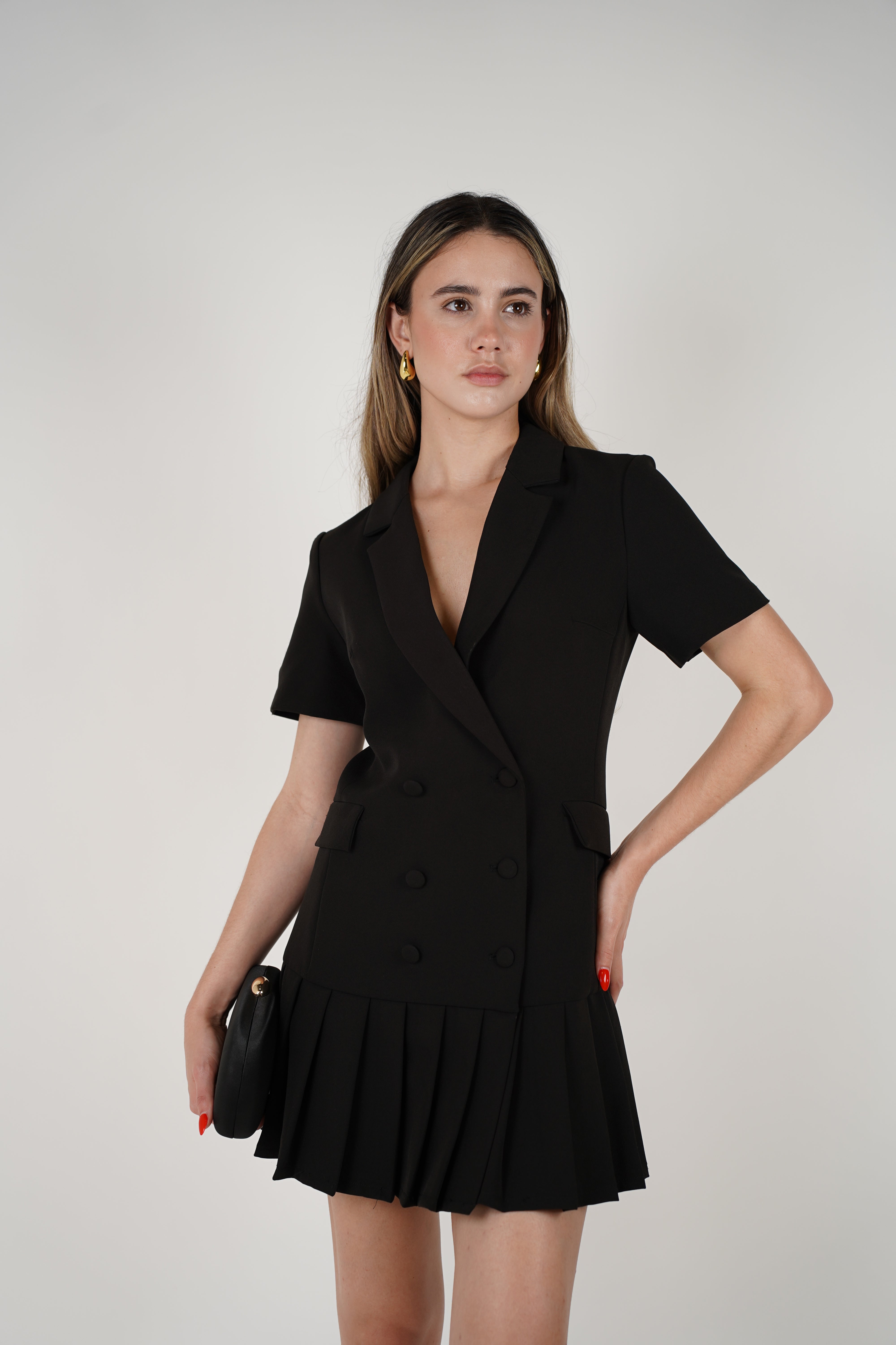 Sachi Dress – Chic Blazer-Inspired Mini with Pleated Skirt