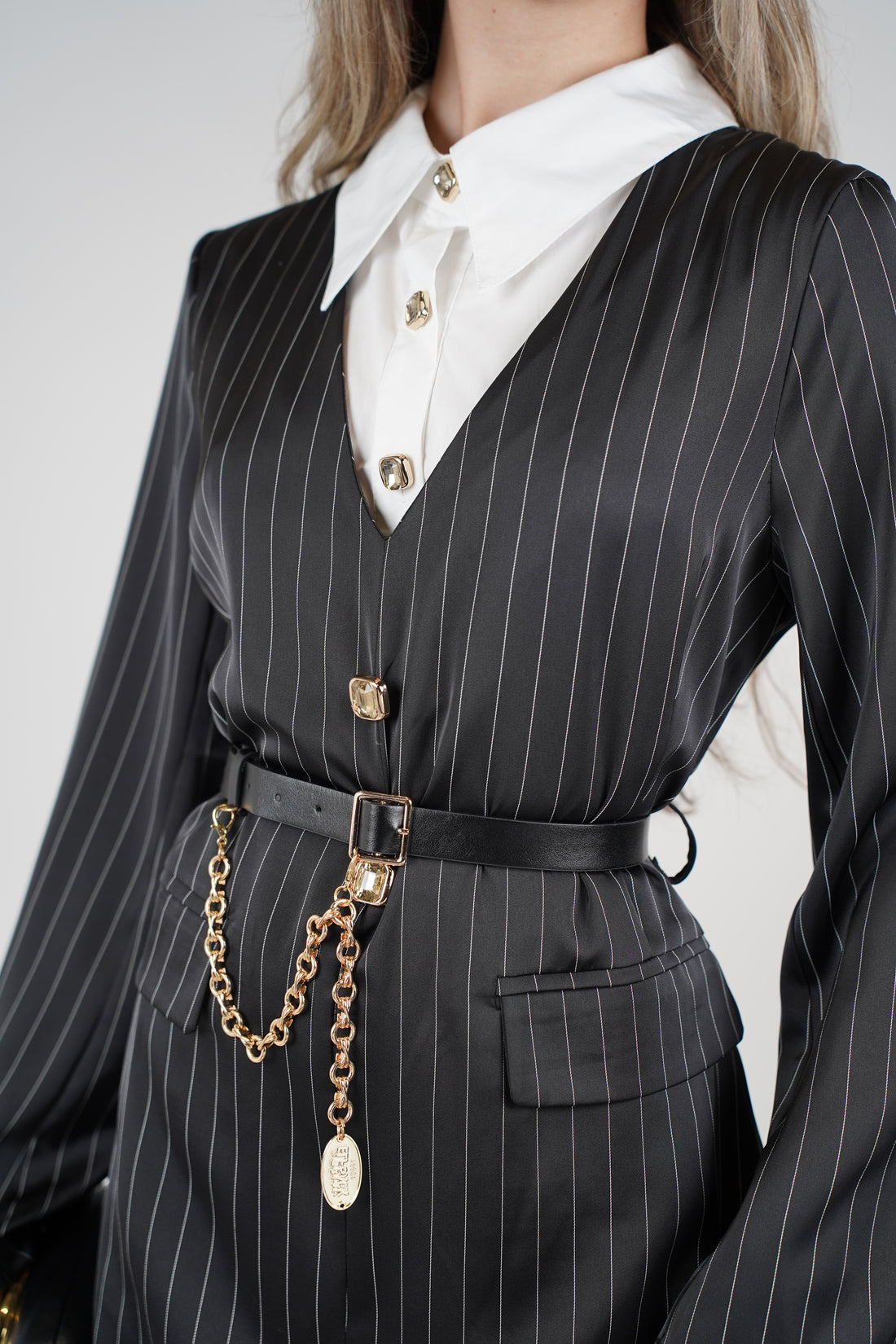 Averi Striped Mini Dress – Pinstripe Blazer-Inspired Dress