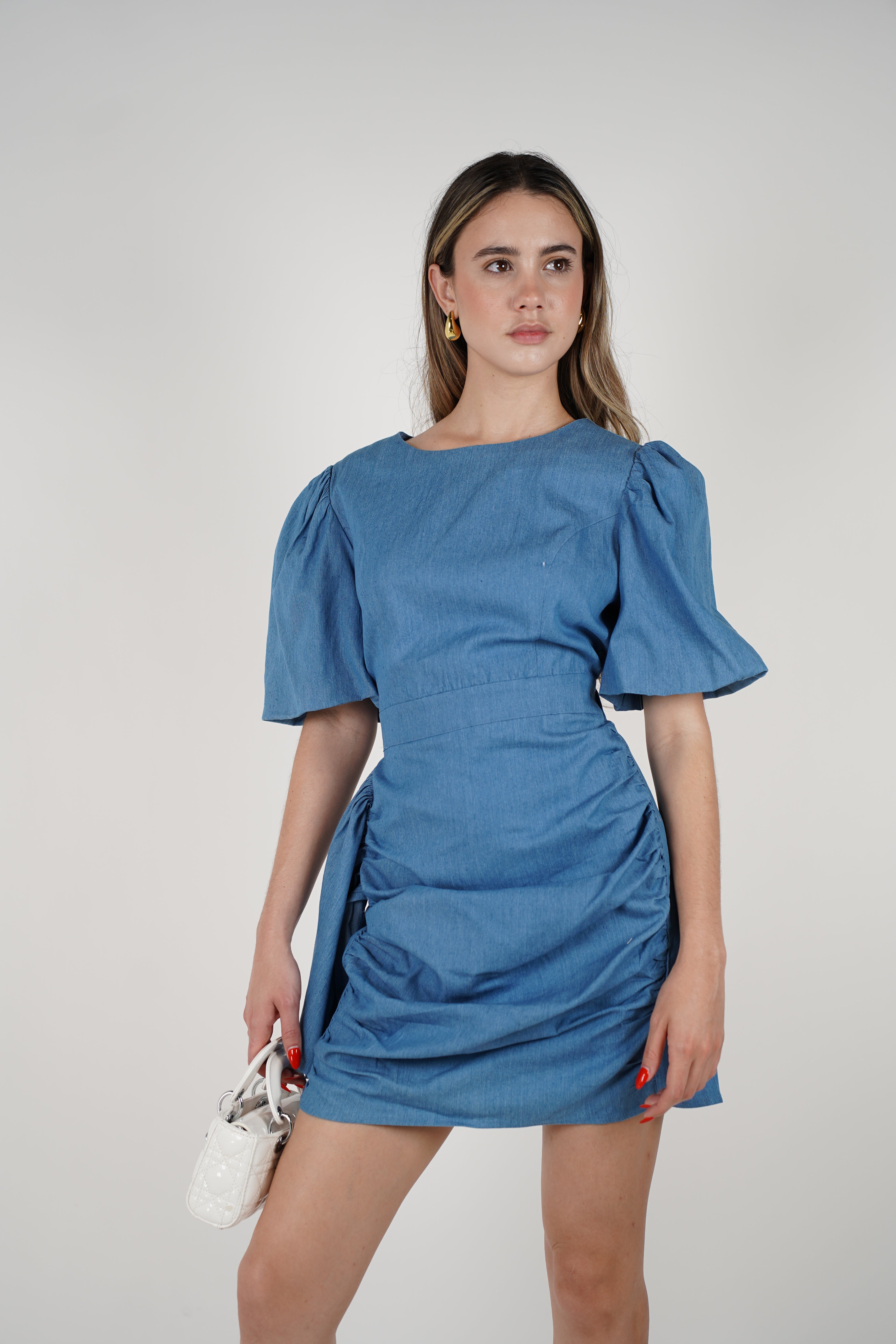 Alivia Dress – Puff Sleeve Denim Elegance