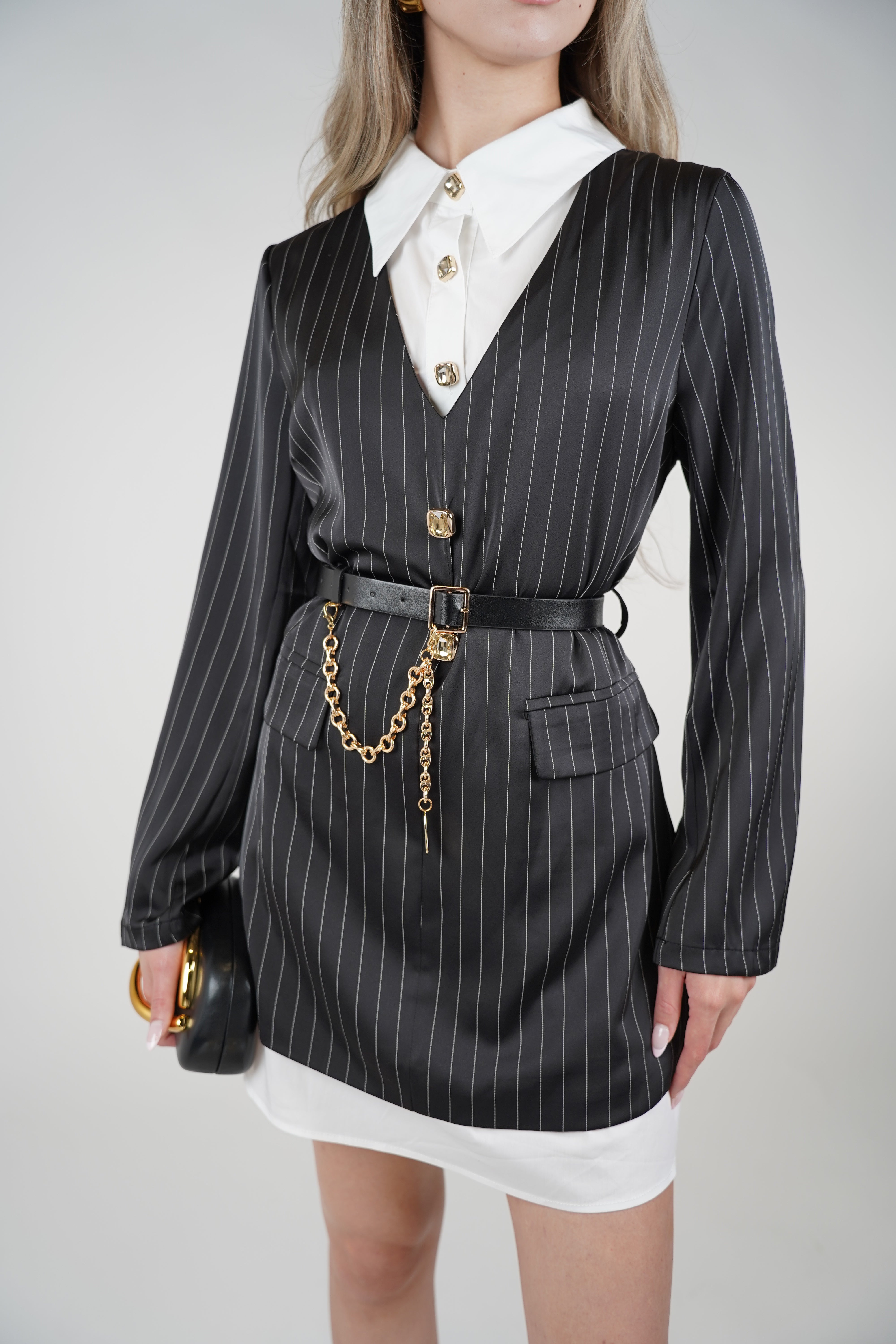 Averi Striped Mini Dress – Pinstripe Blazer-Inspired Dress