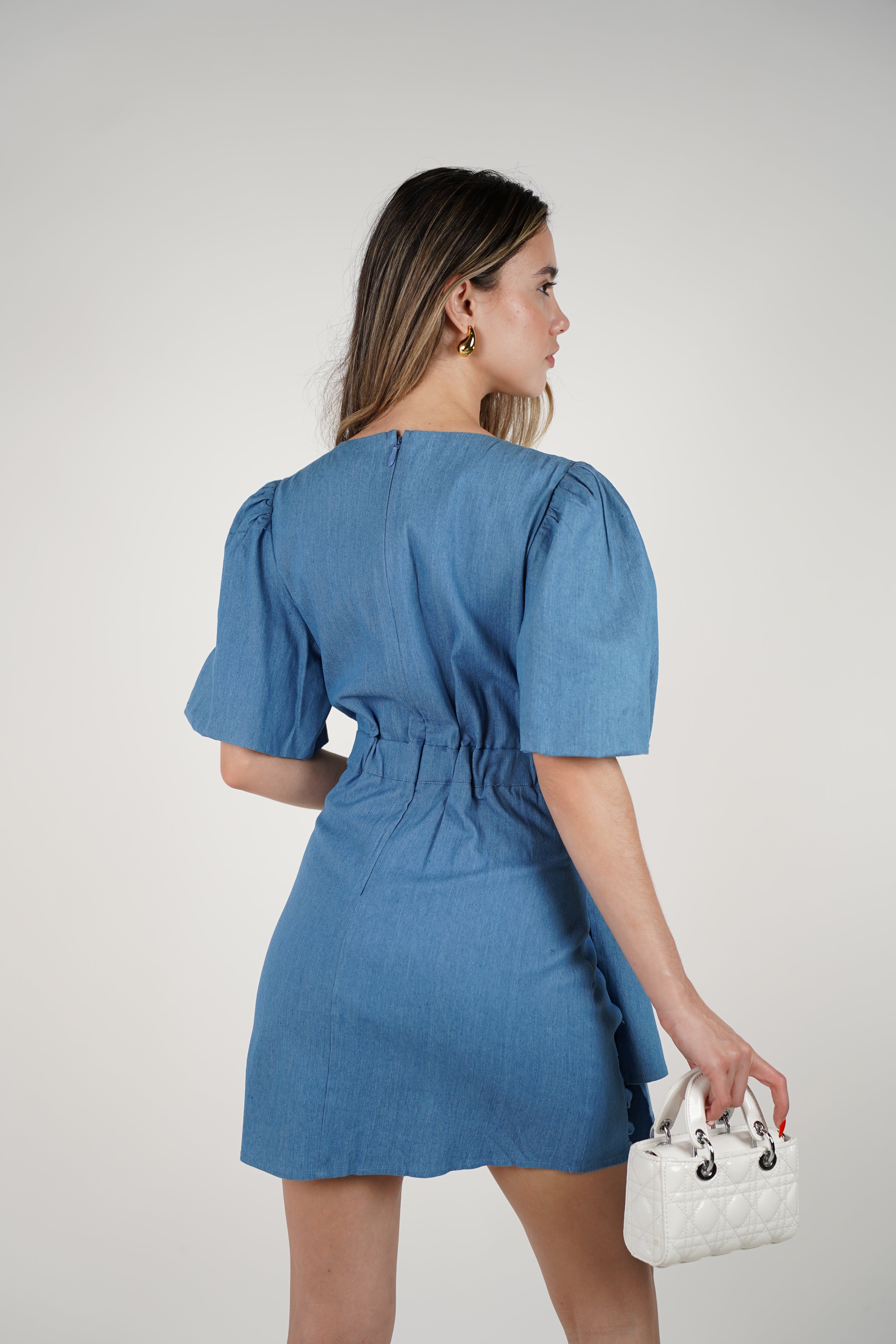 Alivia Dress – Puff Sleeve Denim Elegance