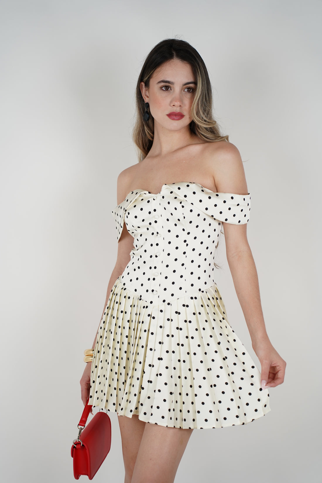 Pyra Mini Polka Dot Dress – Off-Shoulder Pleated Mini Dress