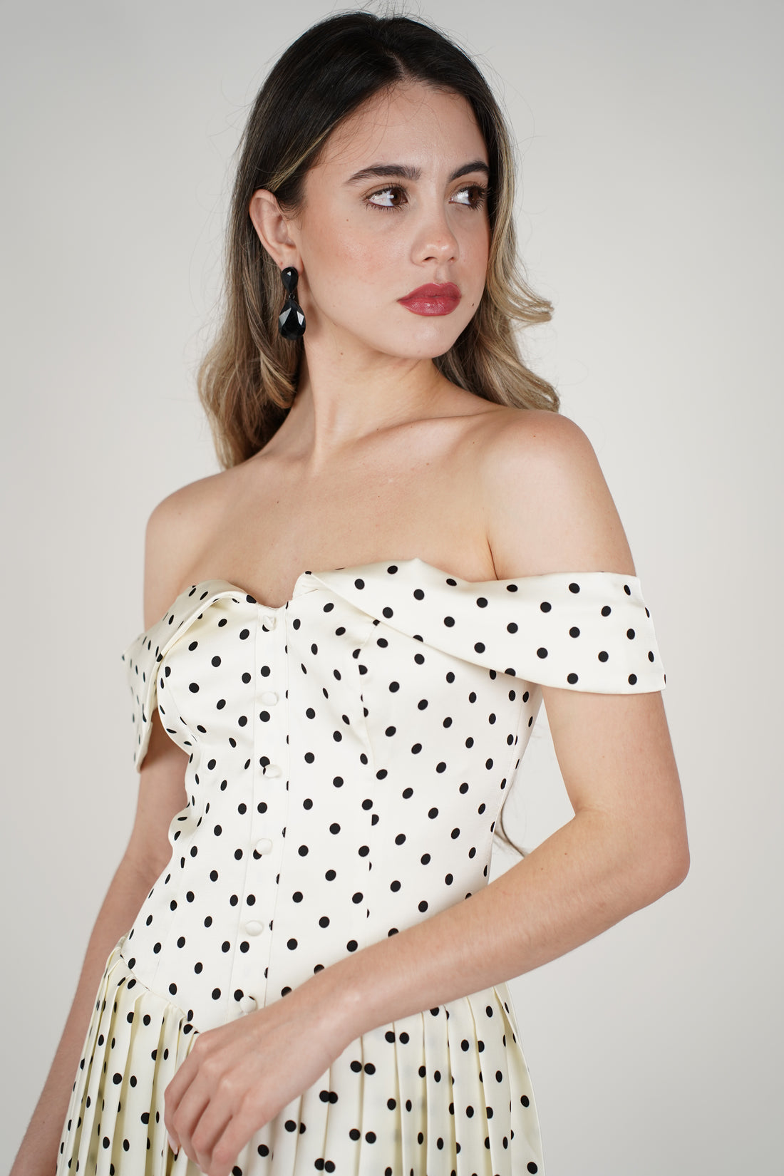 Pyra Mini Polka Dot Dress – Off-Shoulder Pleated Mini Dress