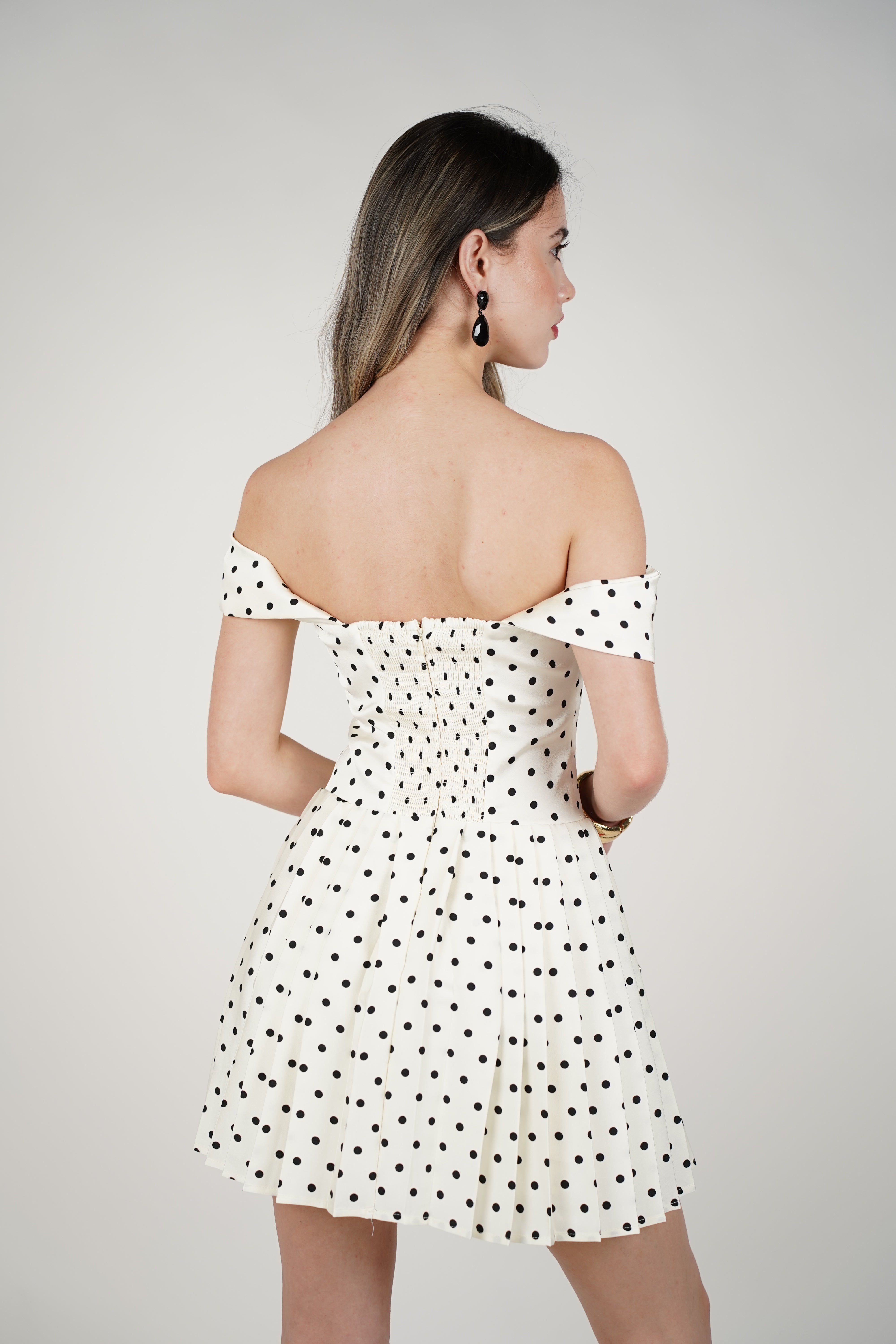 Pyra Mini Polka Dot Dress – Off-Shoulder Pleated Mini Dress