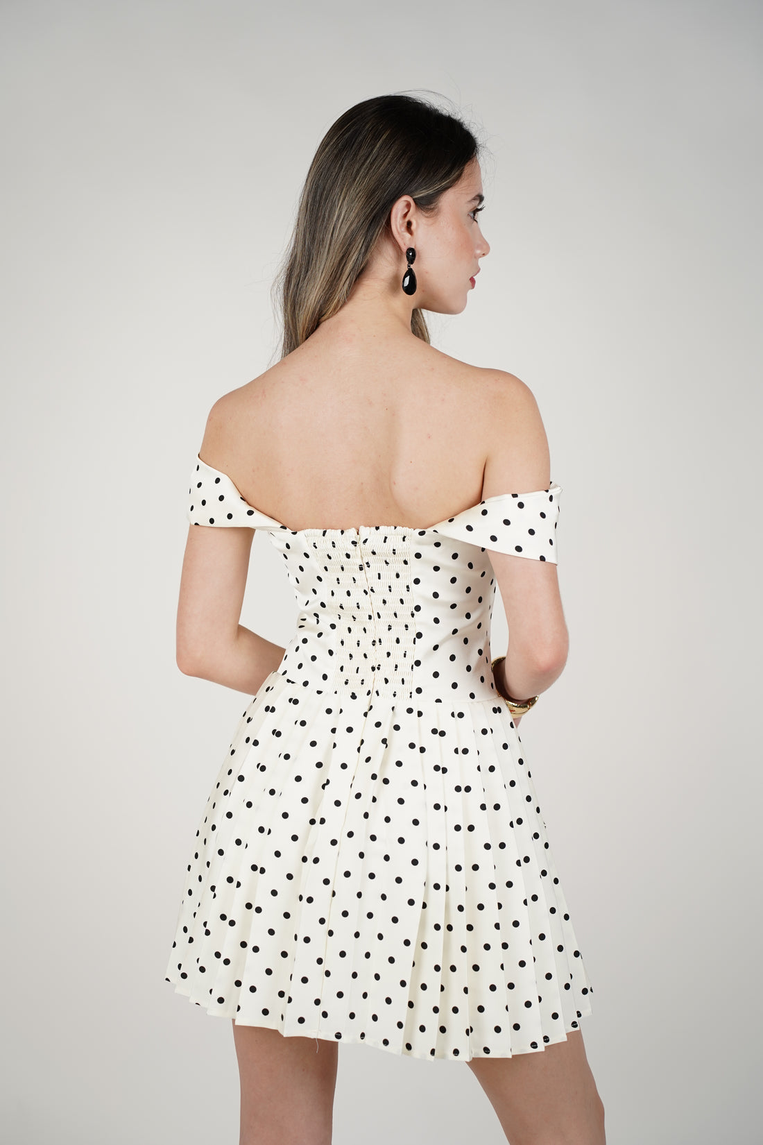 Pyra Mini Polka Dot Dress – Off-Shoulder Pleated Mini Dress