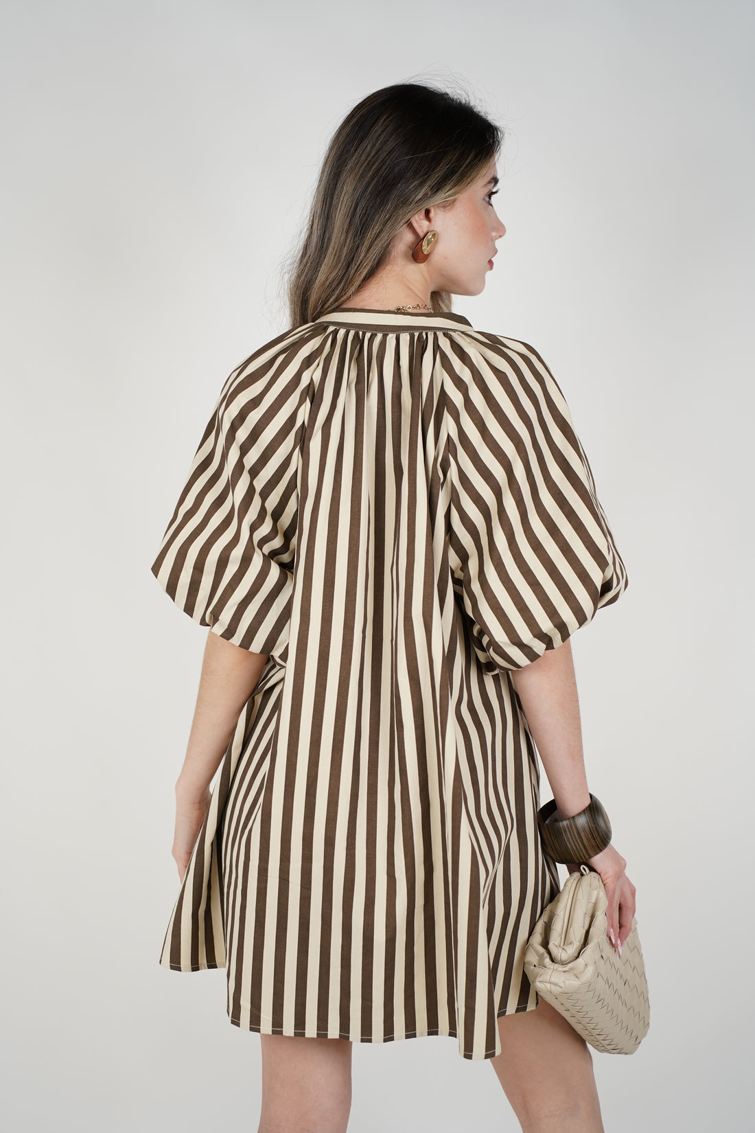 Belia Mini Striped Puff Sleeve Dress – Flowy Brown & Cream Mini Dress