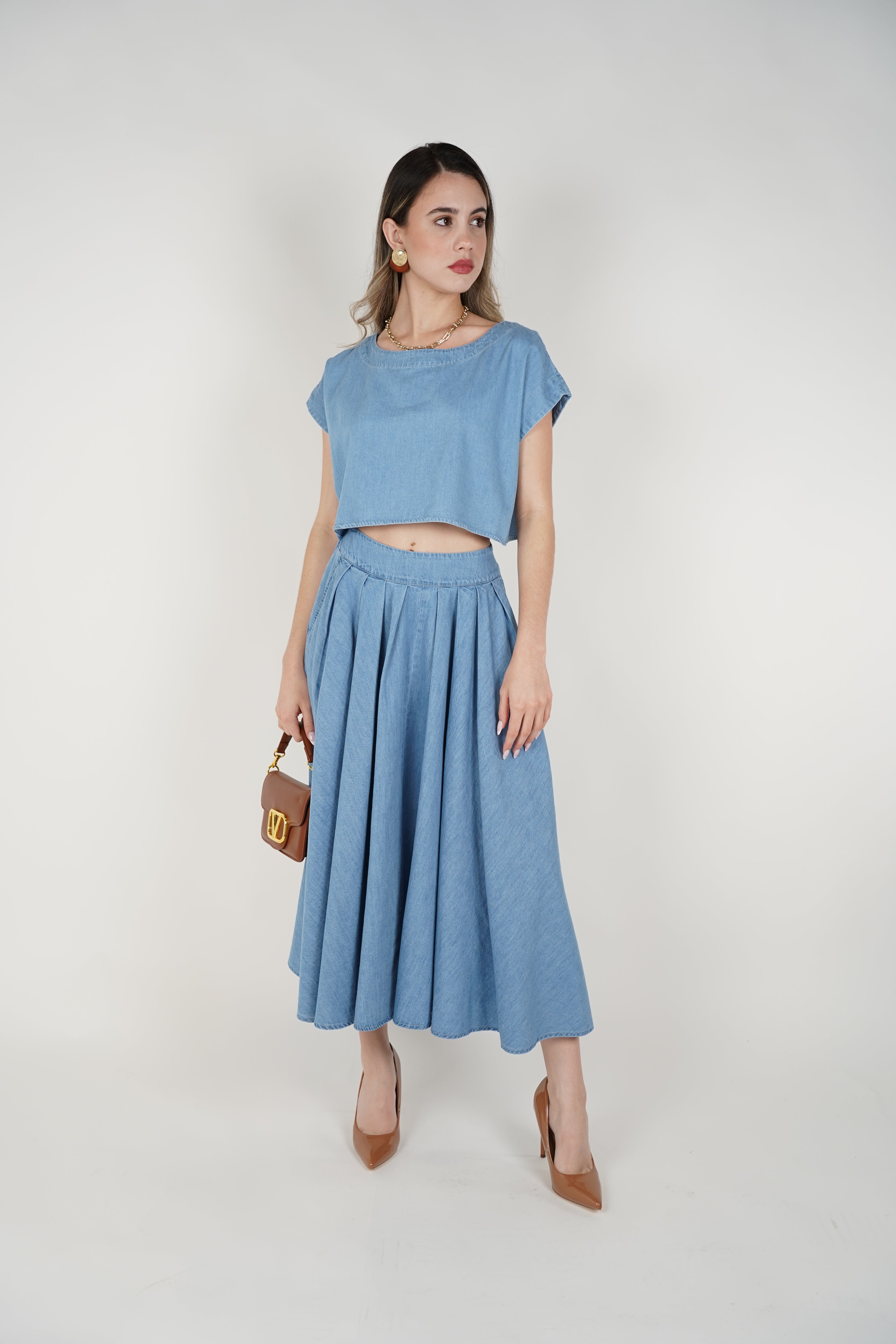Tovia Denim Skirt Set – Effortless Light Blue Two-Piece Look