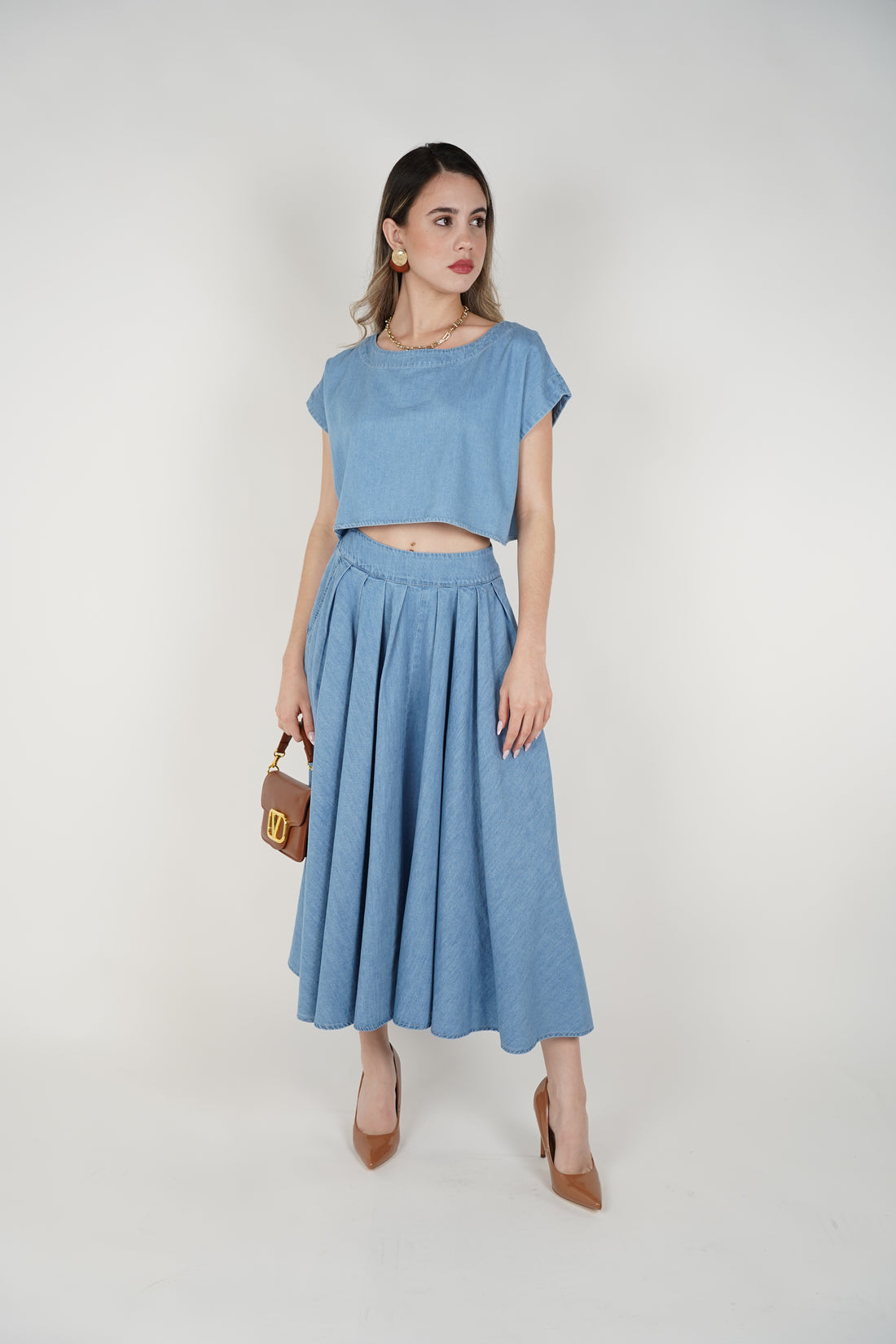 Tovia Denim Skirt Set – Effortless Light Blue Two-Piece Look