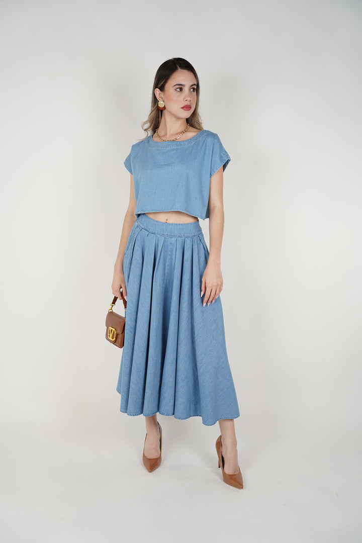 Tovia Denim Skirt Set – Effortless Light Blue Two-Piece Look