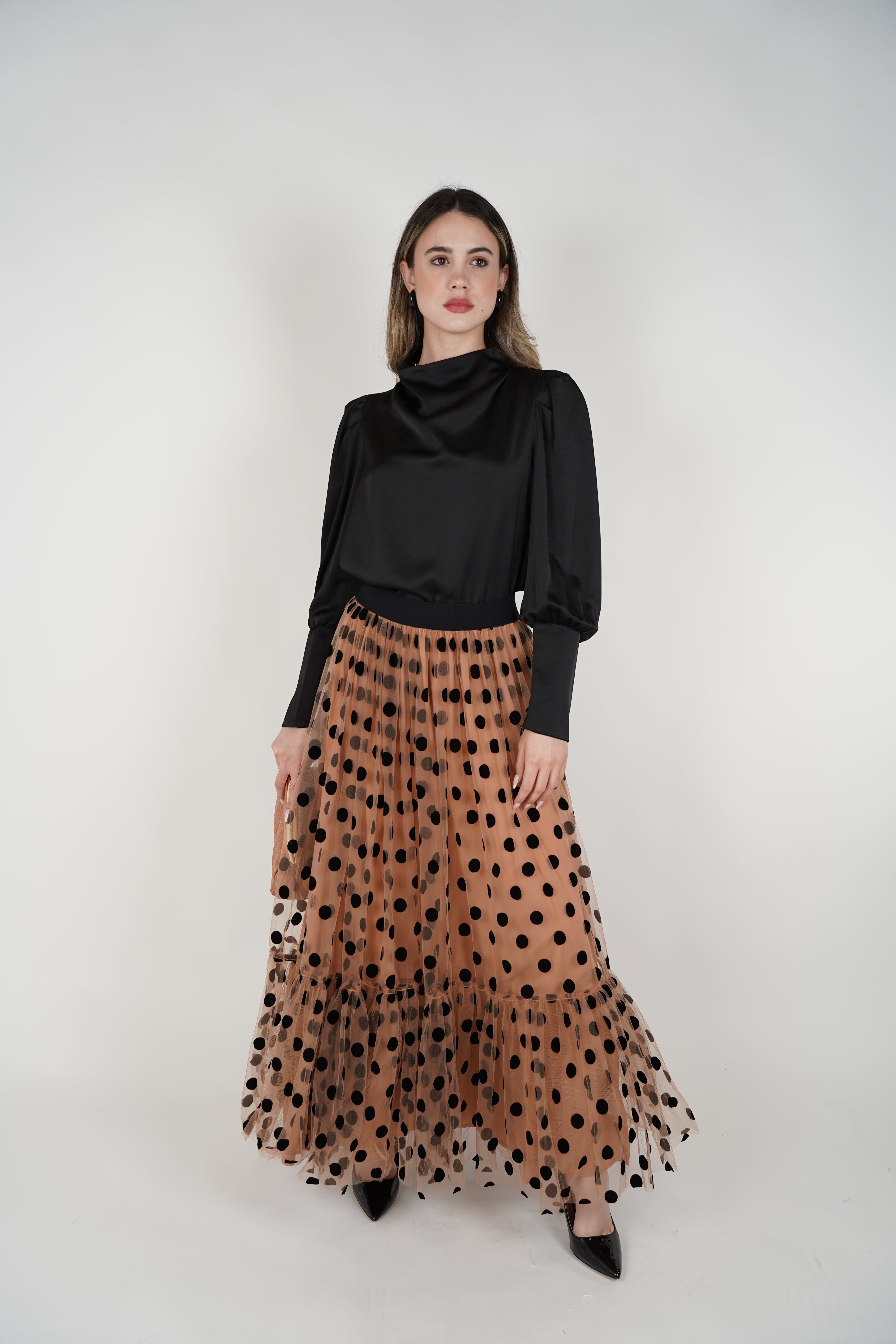 Emera Polka Dot Midi Skirt – Elegant Sheer Layered Design