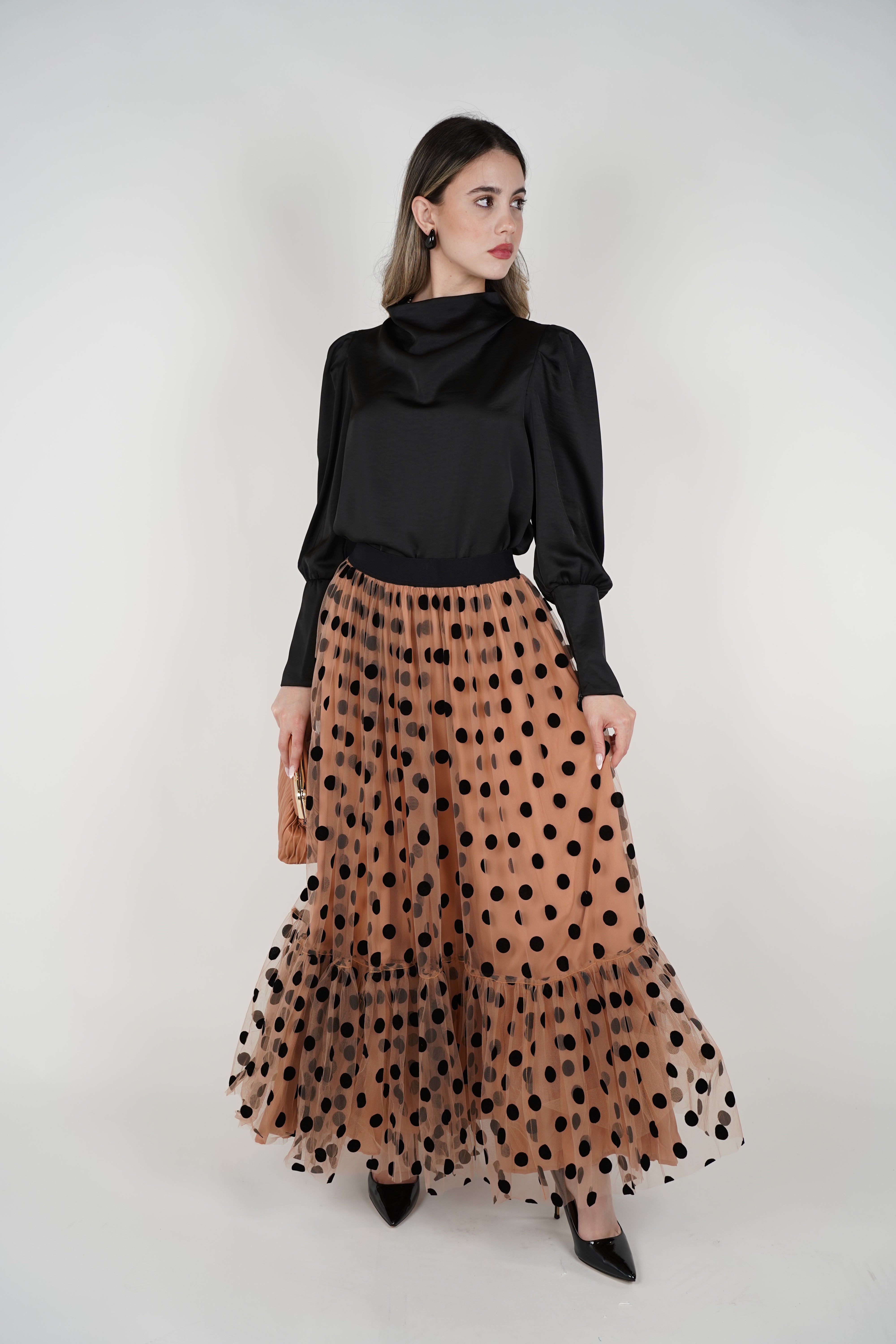 Emera Polka Dot Midi Skirt – Elegant Sheer Layered Design