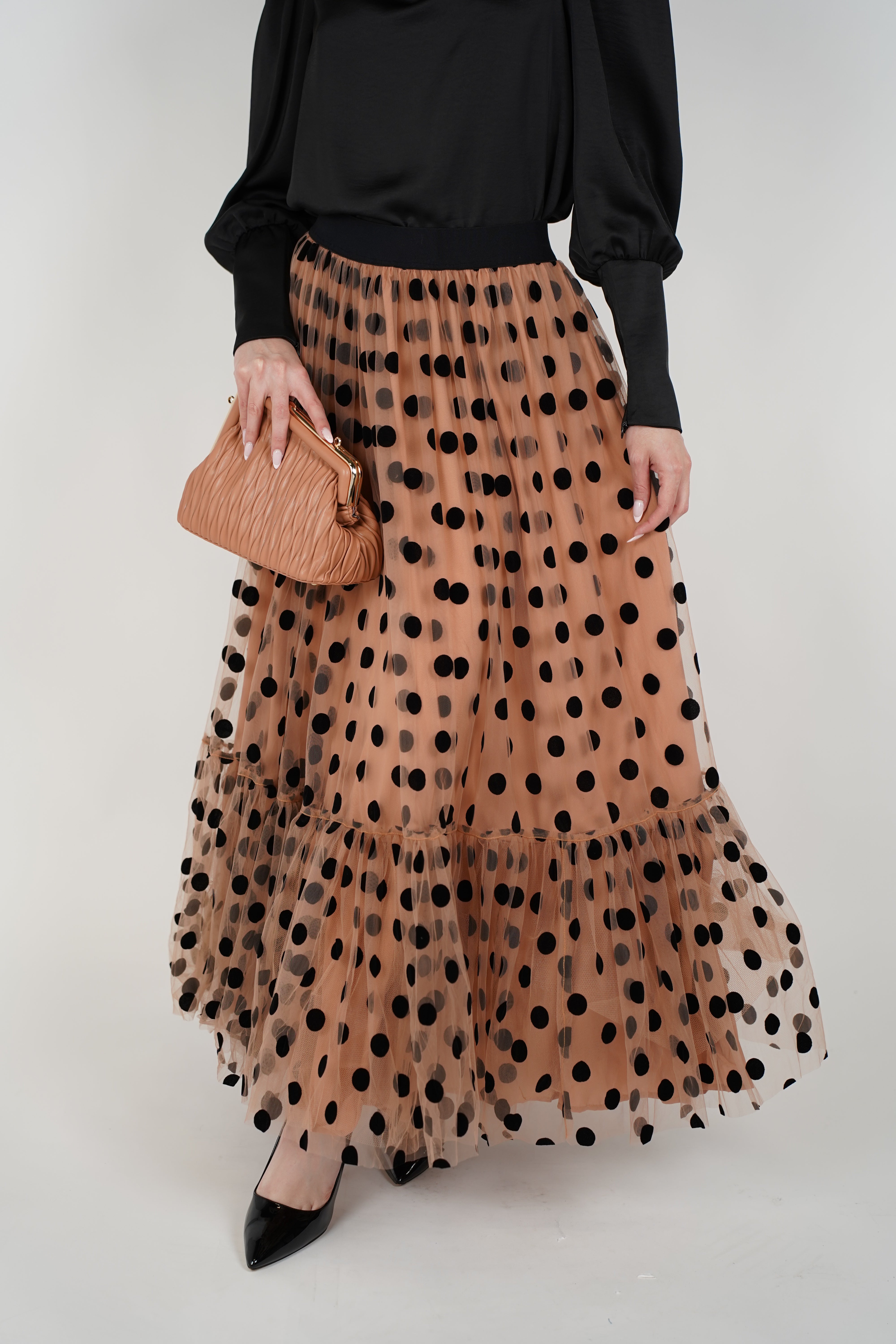 Emera Polka Dot Midi Skirt – Elegant Sheer Layered Design