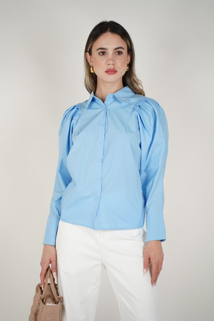 Rinna Button Down – Puff Shoulder Blue Blouse