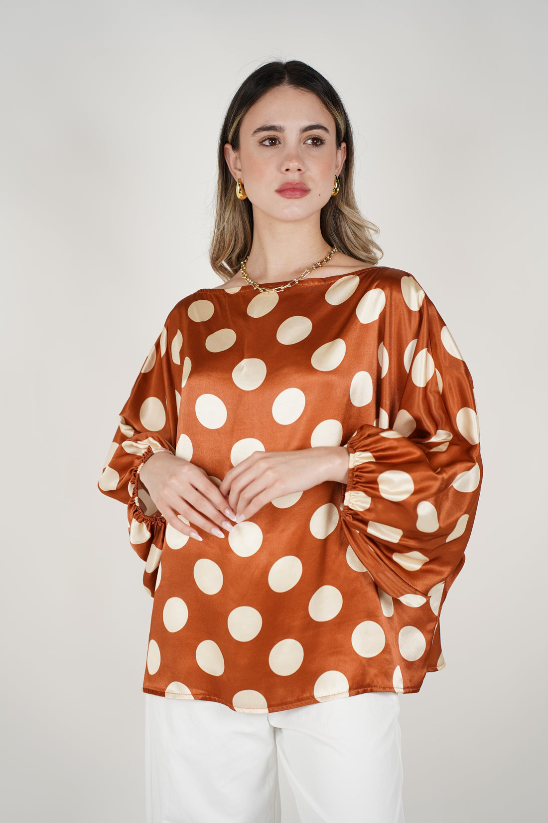 Avira Polka Dot Blouse – Satin Off-Shoulder Statement Top