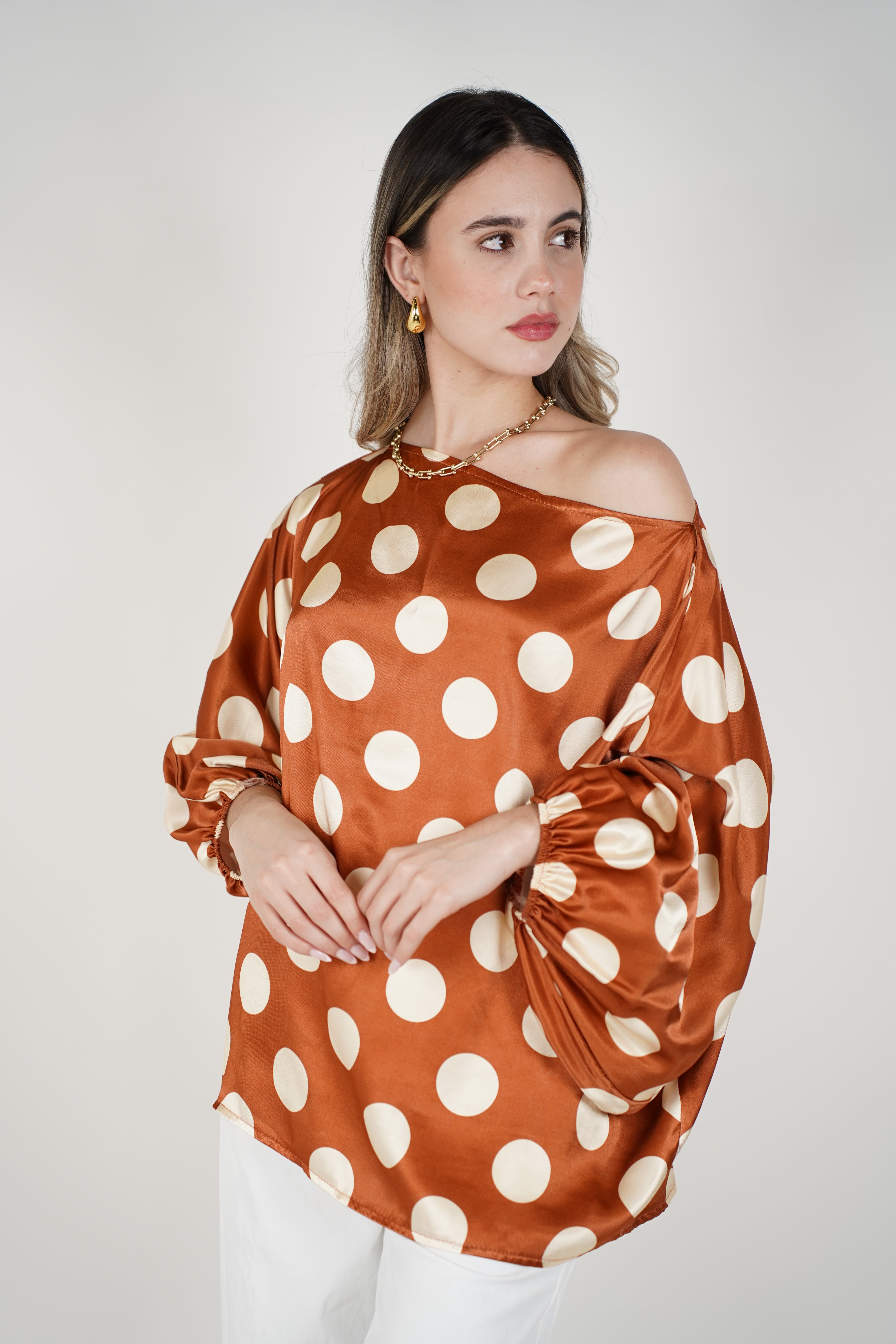 Avira Polka Dot Blouse – Satin Off-Shoulder Statement Top