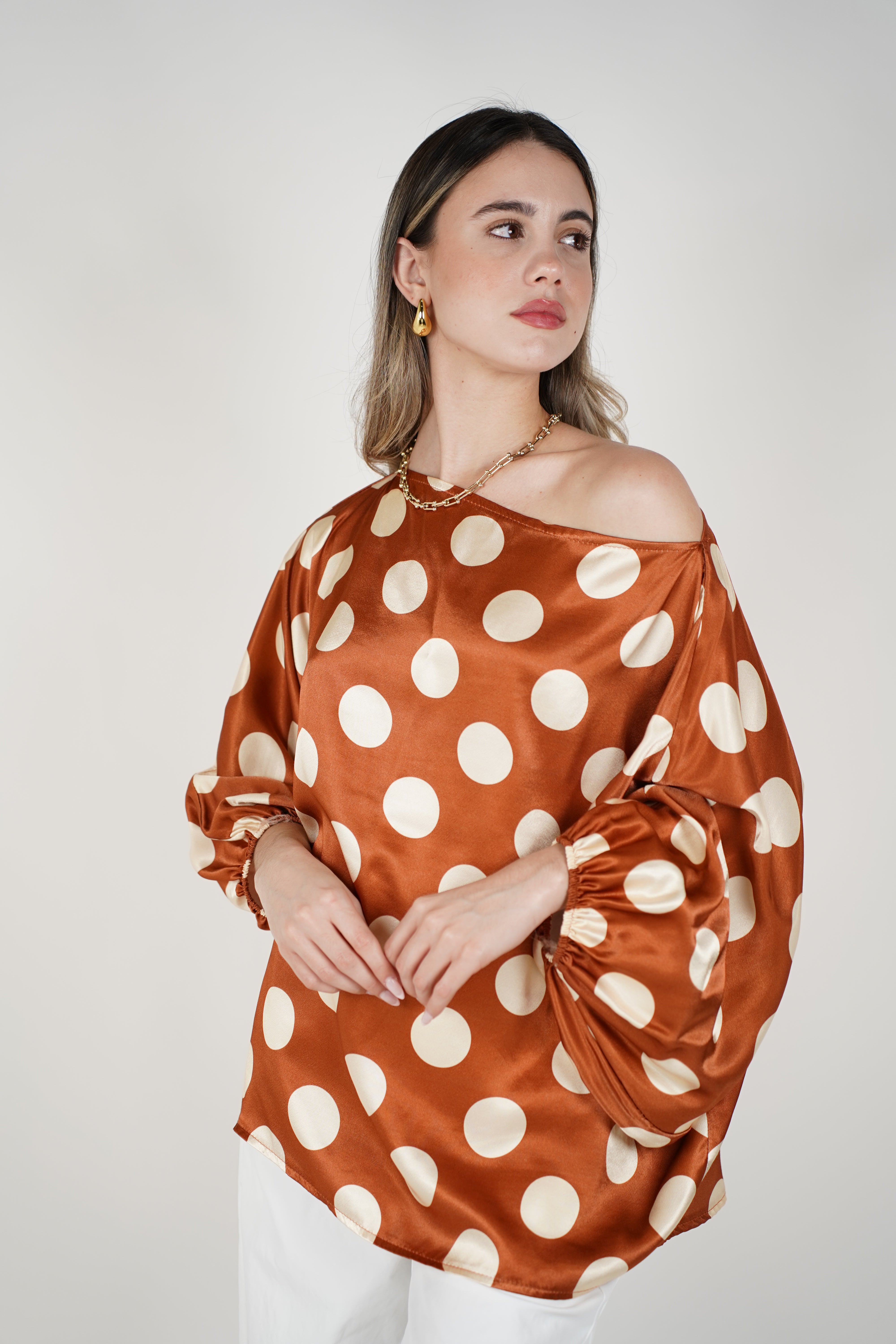 Avira Polka Dot Blouse – Satin Off-Shoulder Statement Top