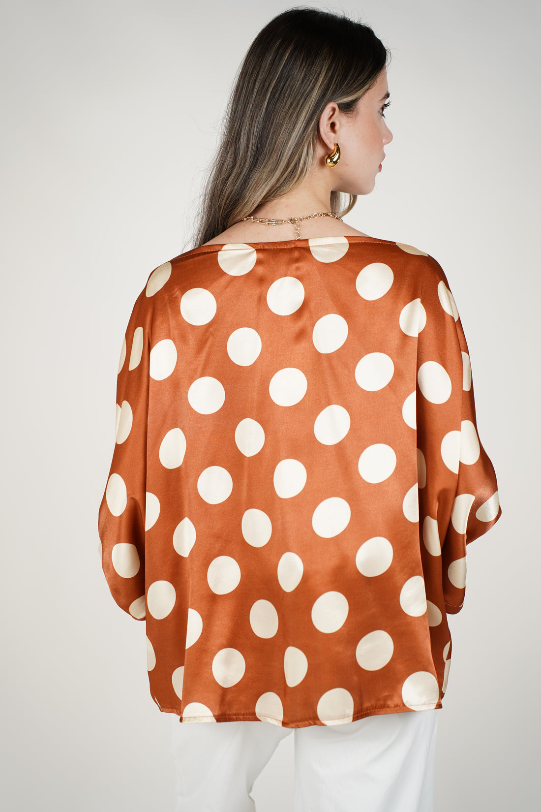 Avira Polka Dot Blouse – Satin Off-Shoulder Statement Top
