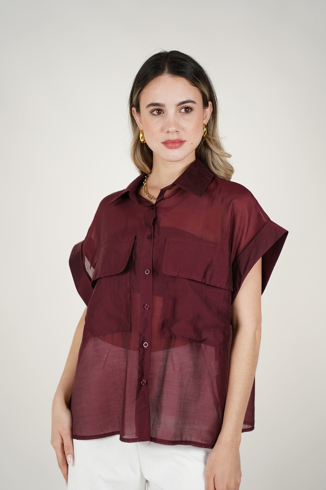 Talira Pockets Button Down – Lightweight Sheer Black Blouse