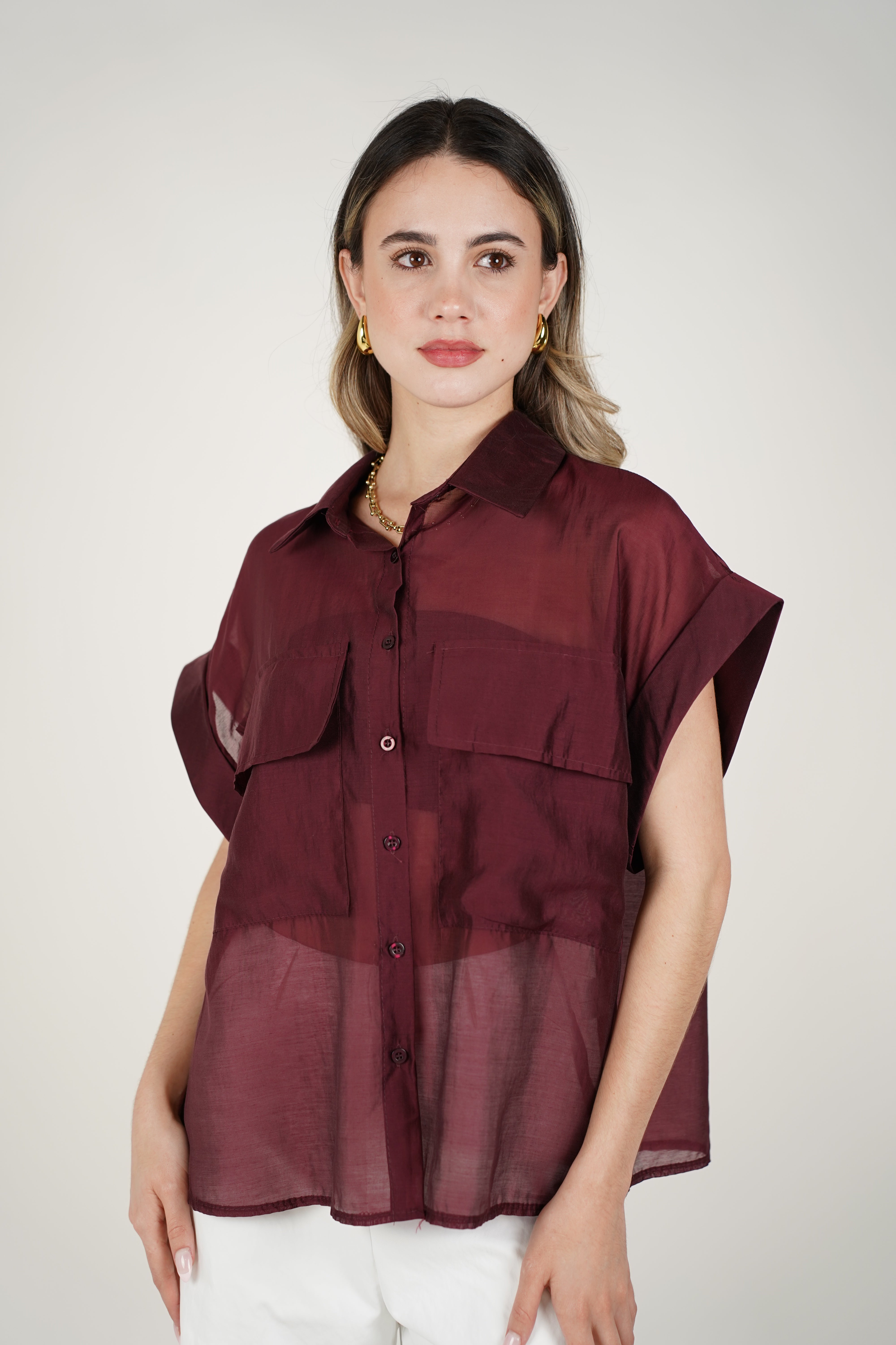 Talira Pockets Button Down – Lightweight Sheer Black Blouse