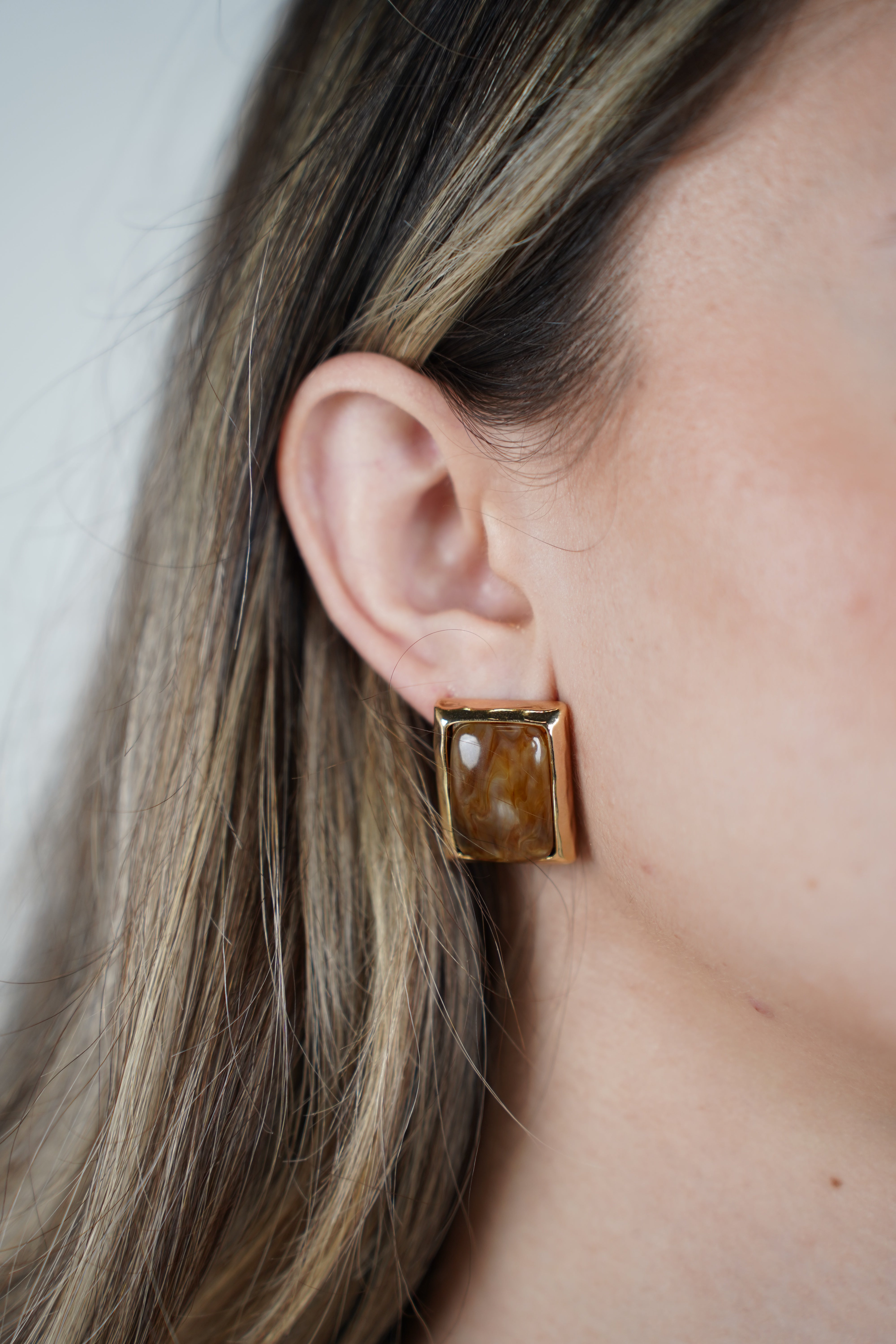 Celine Square Studs – Classic Gold & Gem Finish