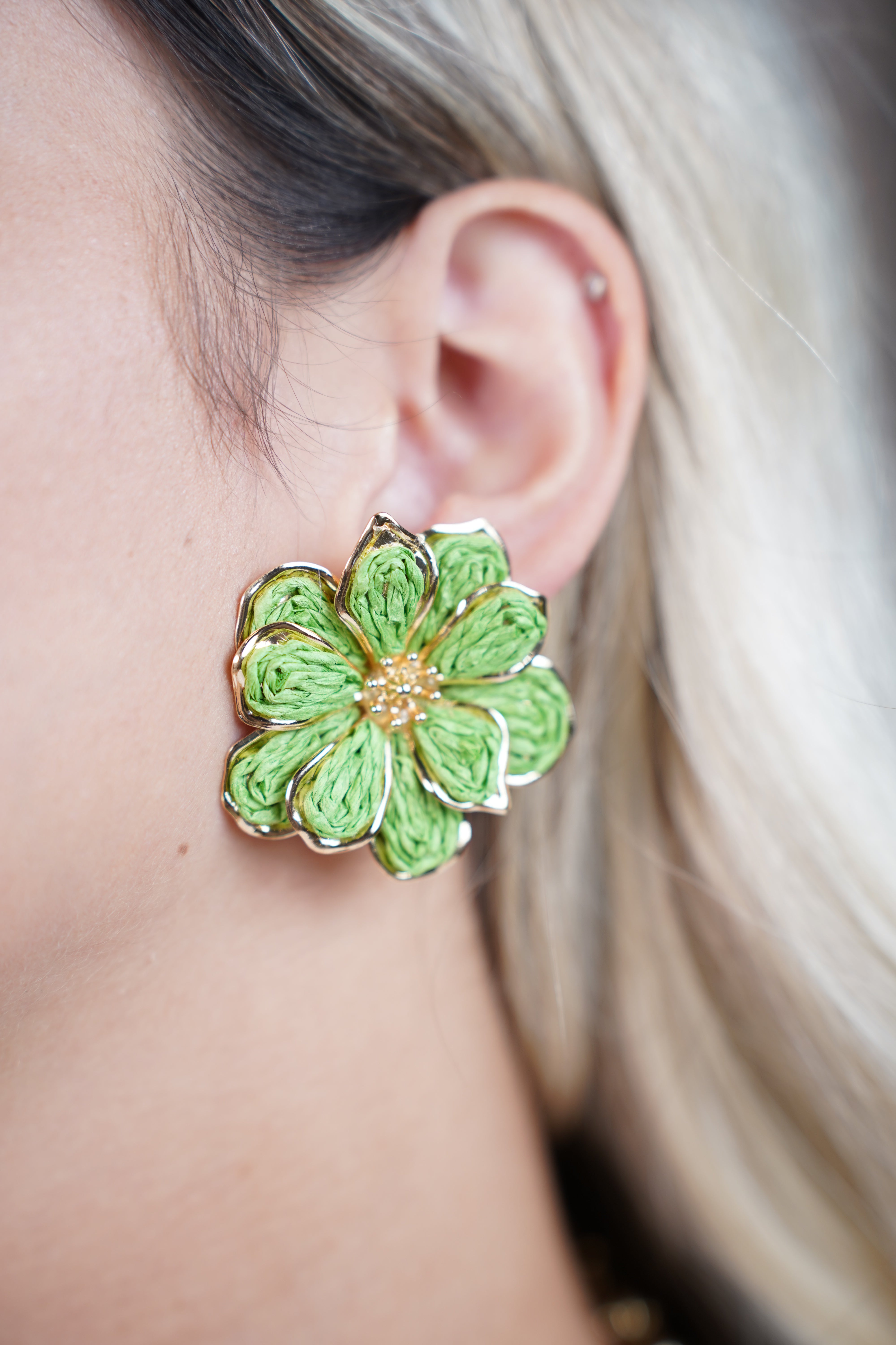 Tatiana Crochet Flower Earrings – Orange Floral Studs with Gold Trims