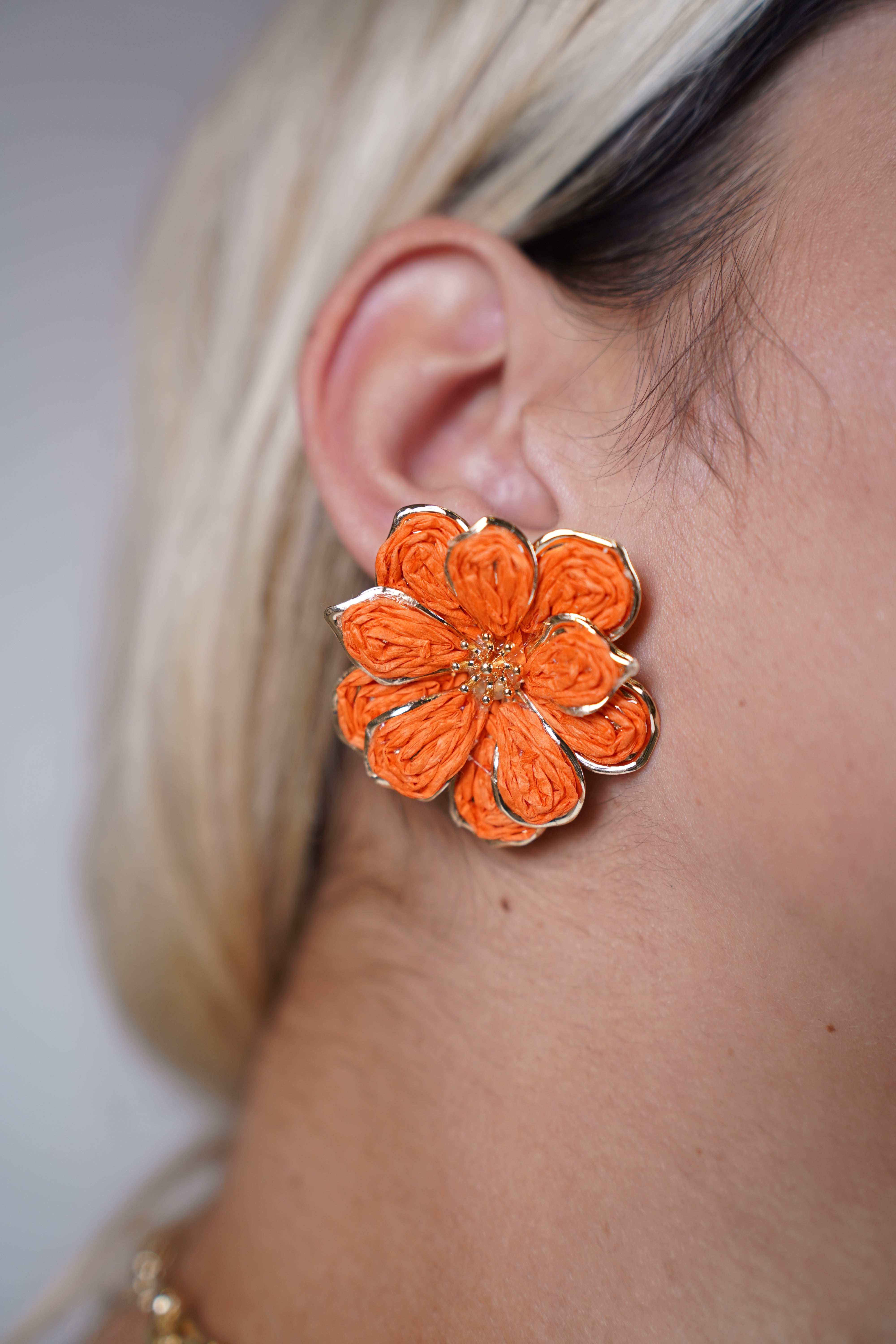 Tatiana Crochet Flower Earrings – Orange Floral Studs with Gold Trims