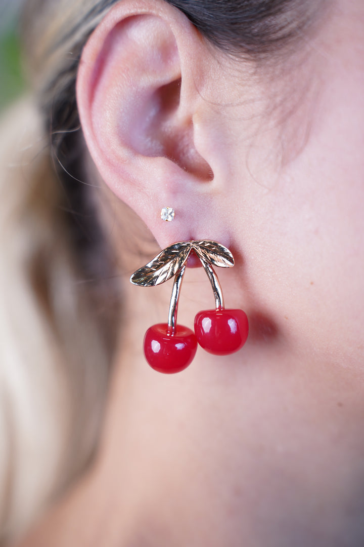 Sania Cherry Drop Earrings with Gold Leaf Detail
