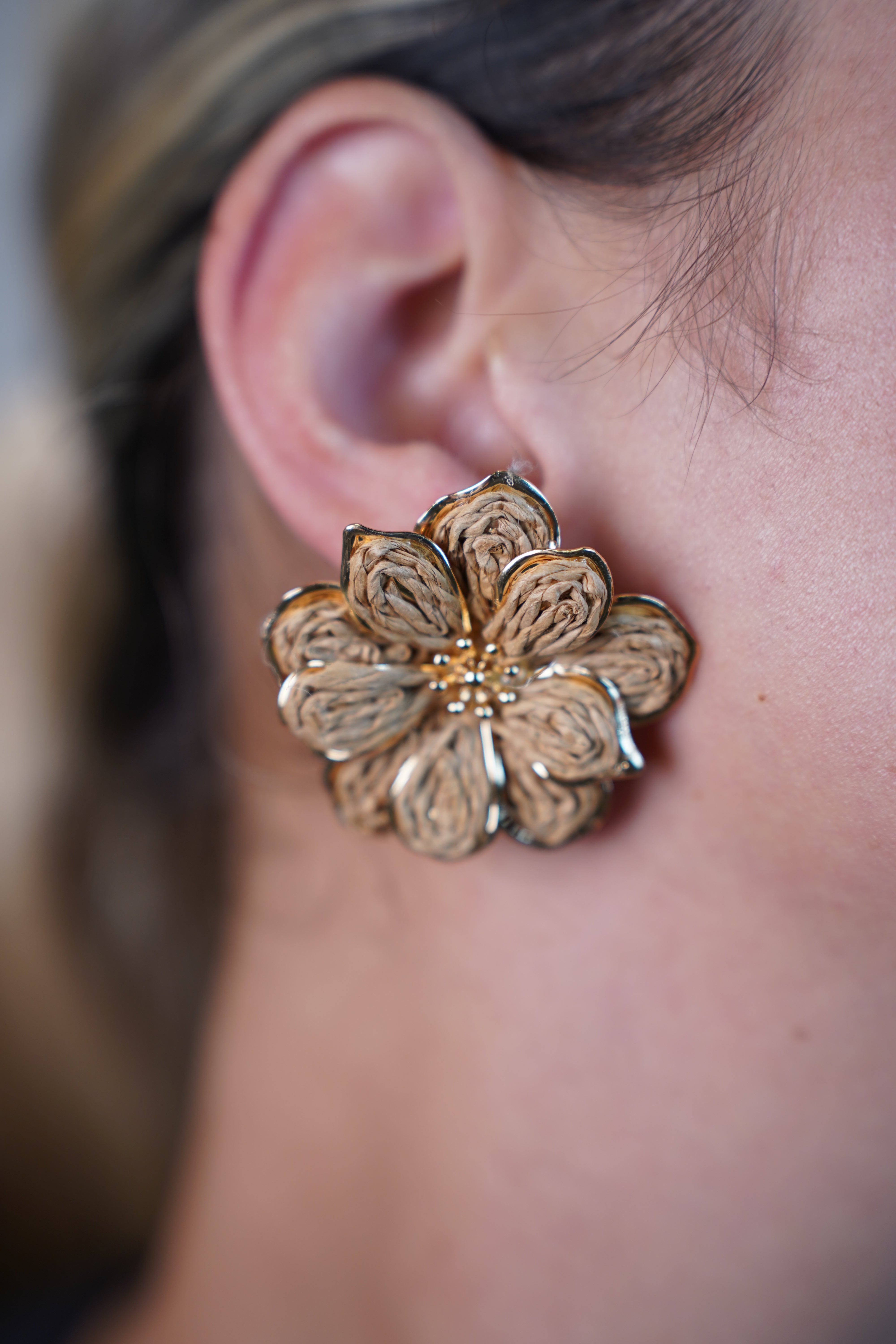 Tatiana Crochet Flower Earrings – Orange Floral Studs with Gold Trims