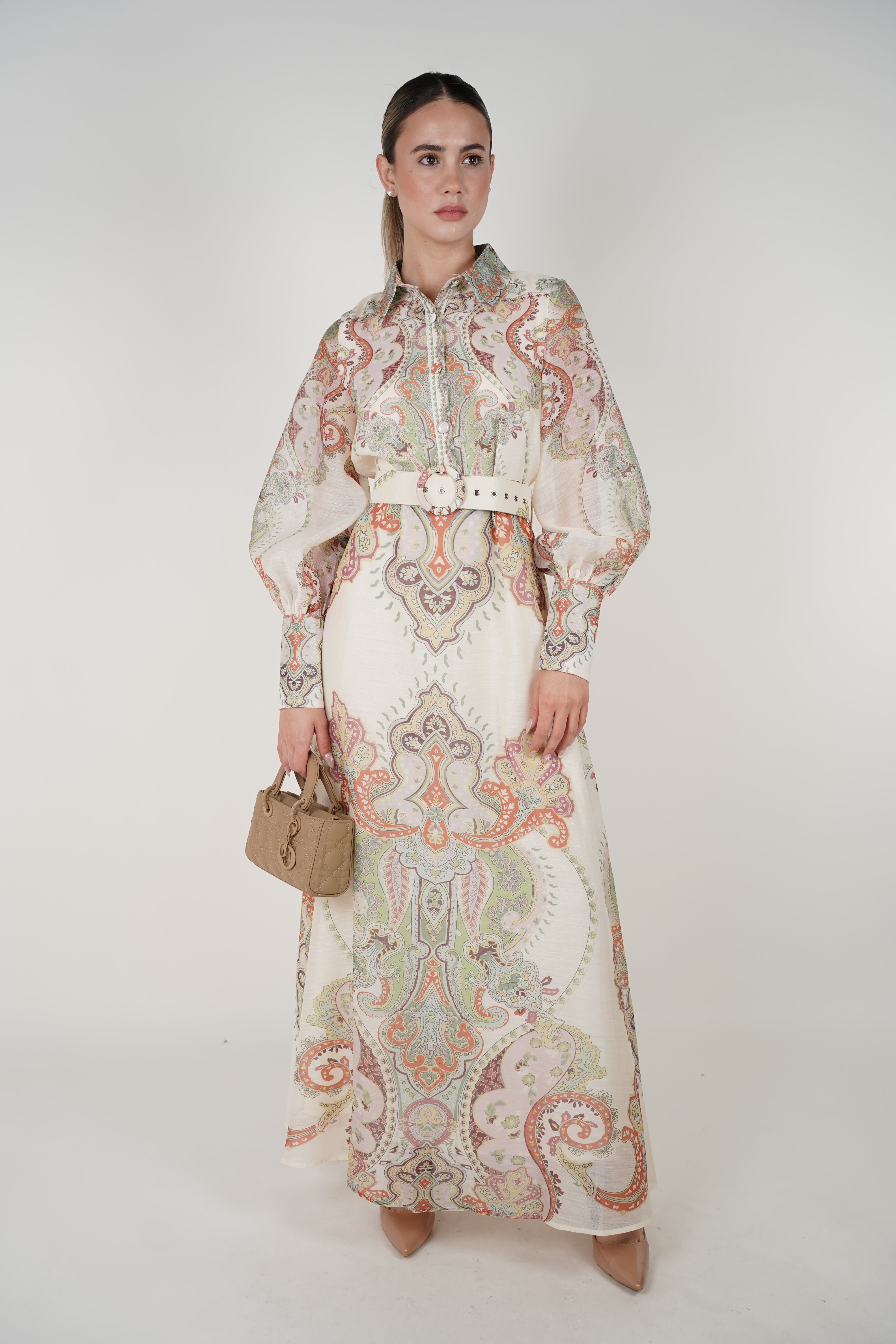 Veya Belted Maxi Dress – Ornate Collared Long Sleeve Maxi