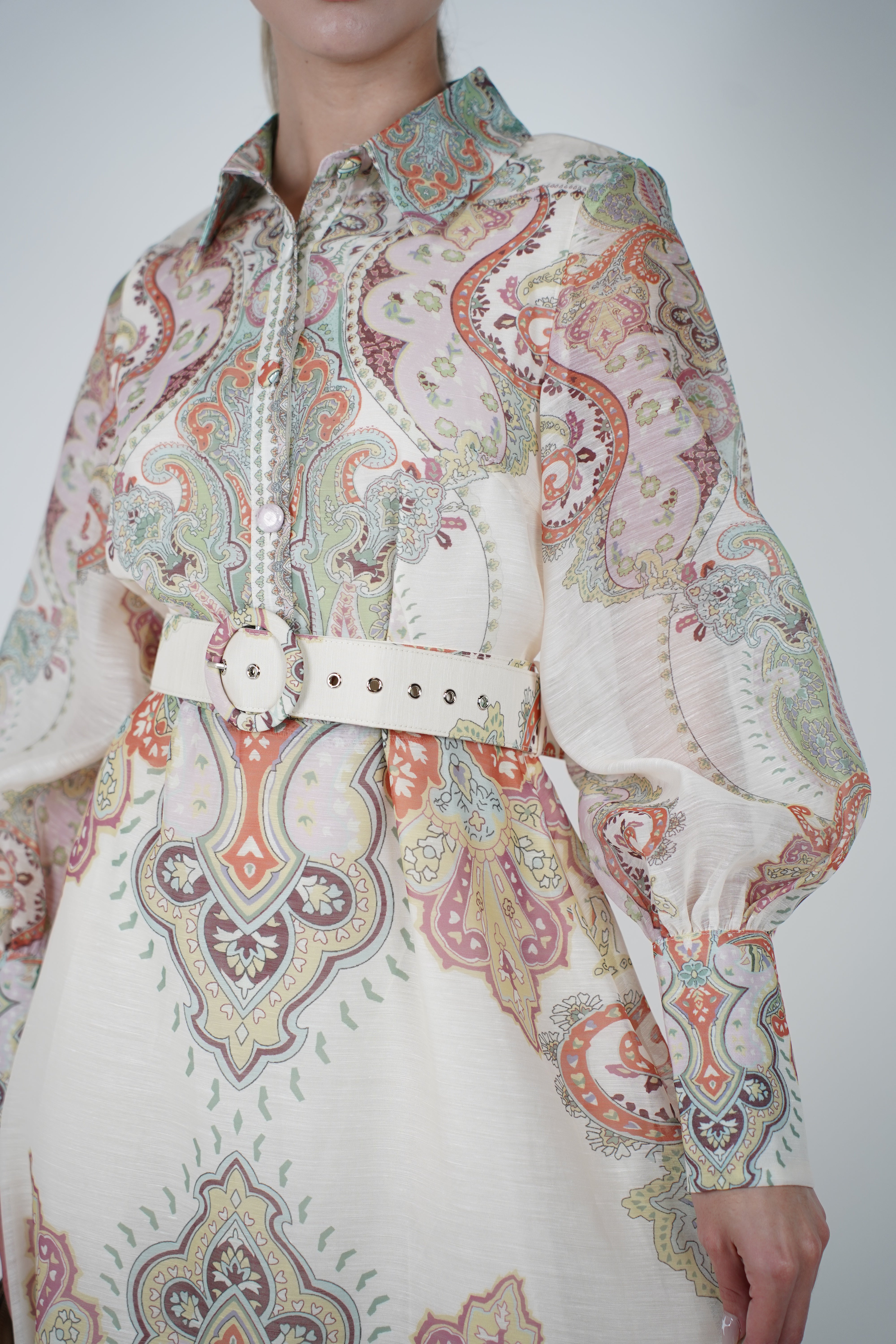 Veya Belted Maxi Dress – Ornate Collared Long Sleeve Maxi