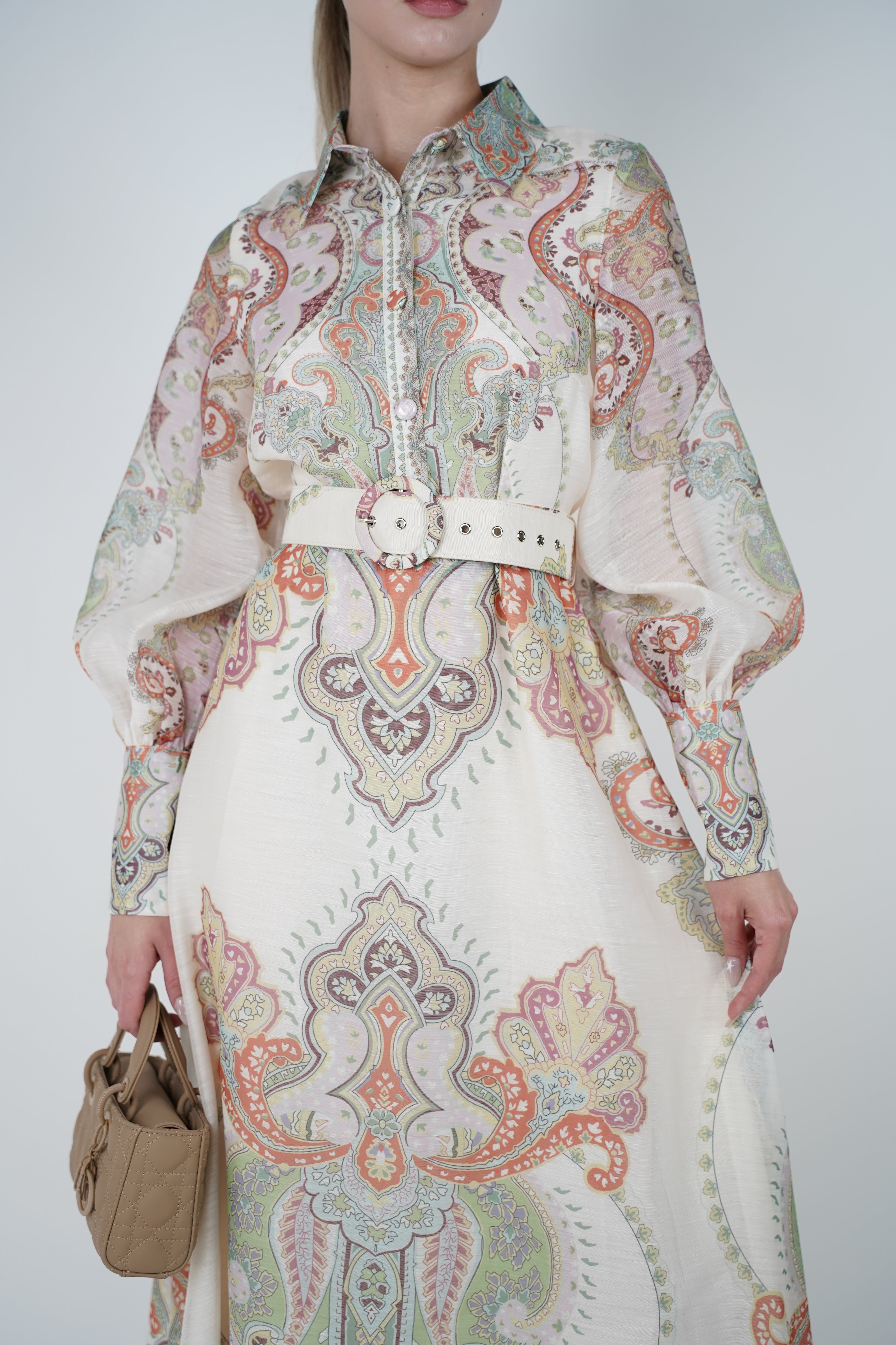 Veya Belted Maxi Dress – Ornate Collared Long Sleeve Maxi