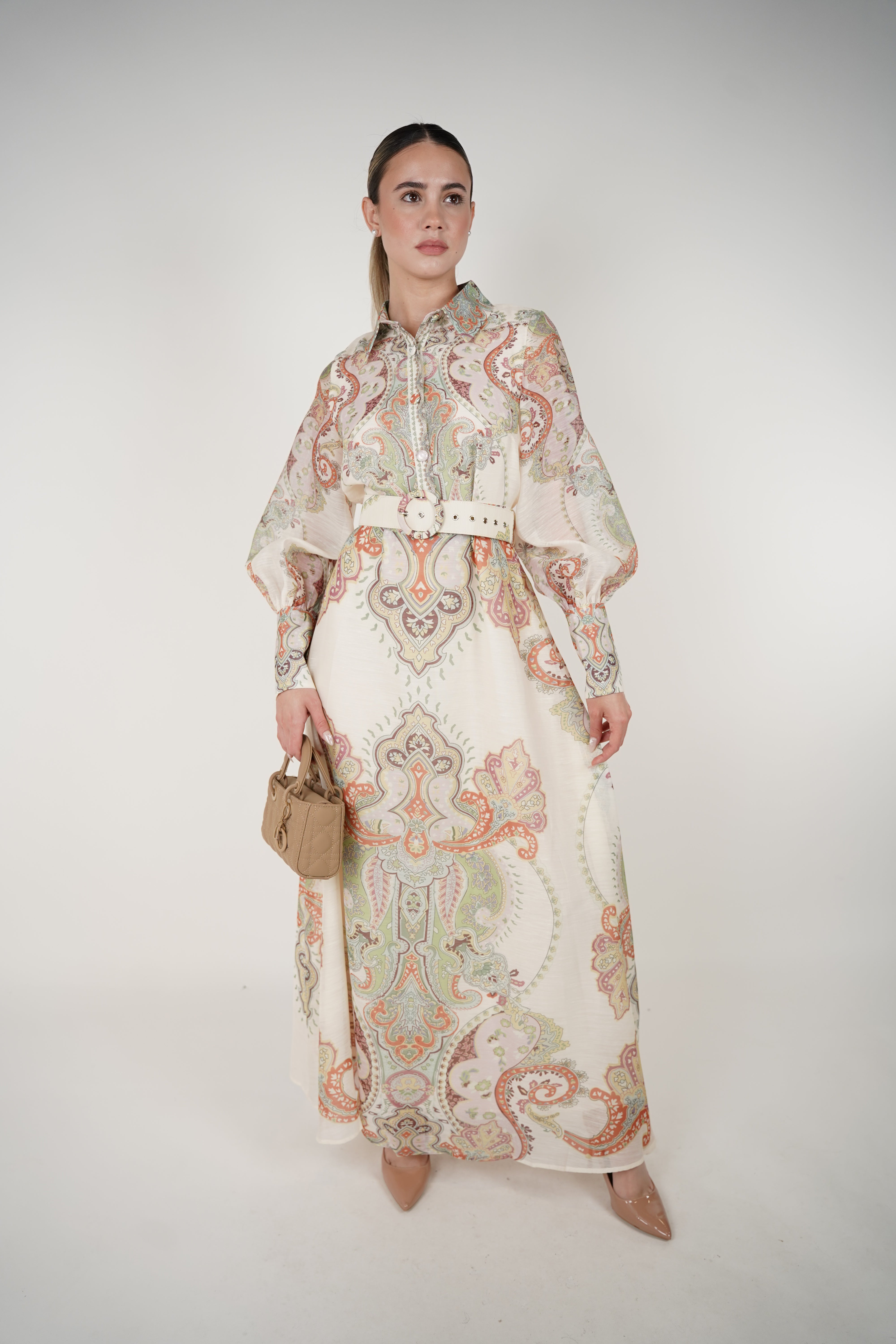 Veya Belted Maxi Dress – Ornate Collared Long Sleeve Maxi