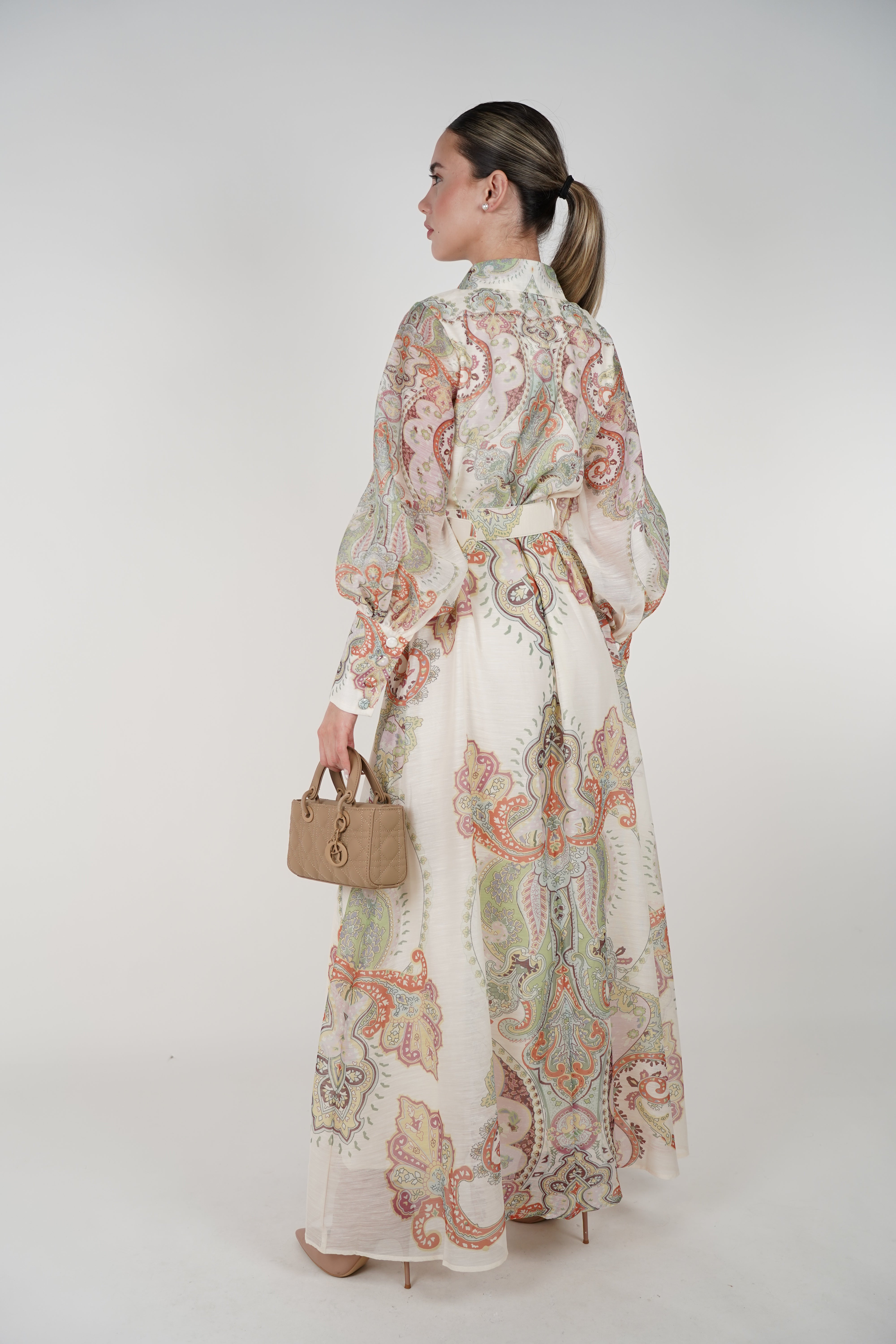 Veya Belted Maxi Dress – Ornate Collared Long Sleeve Maxi