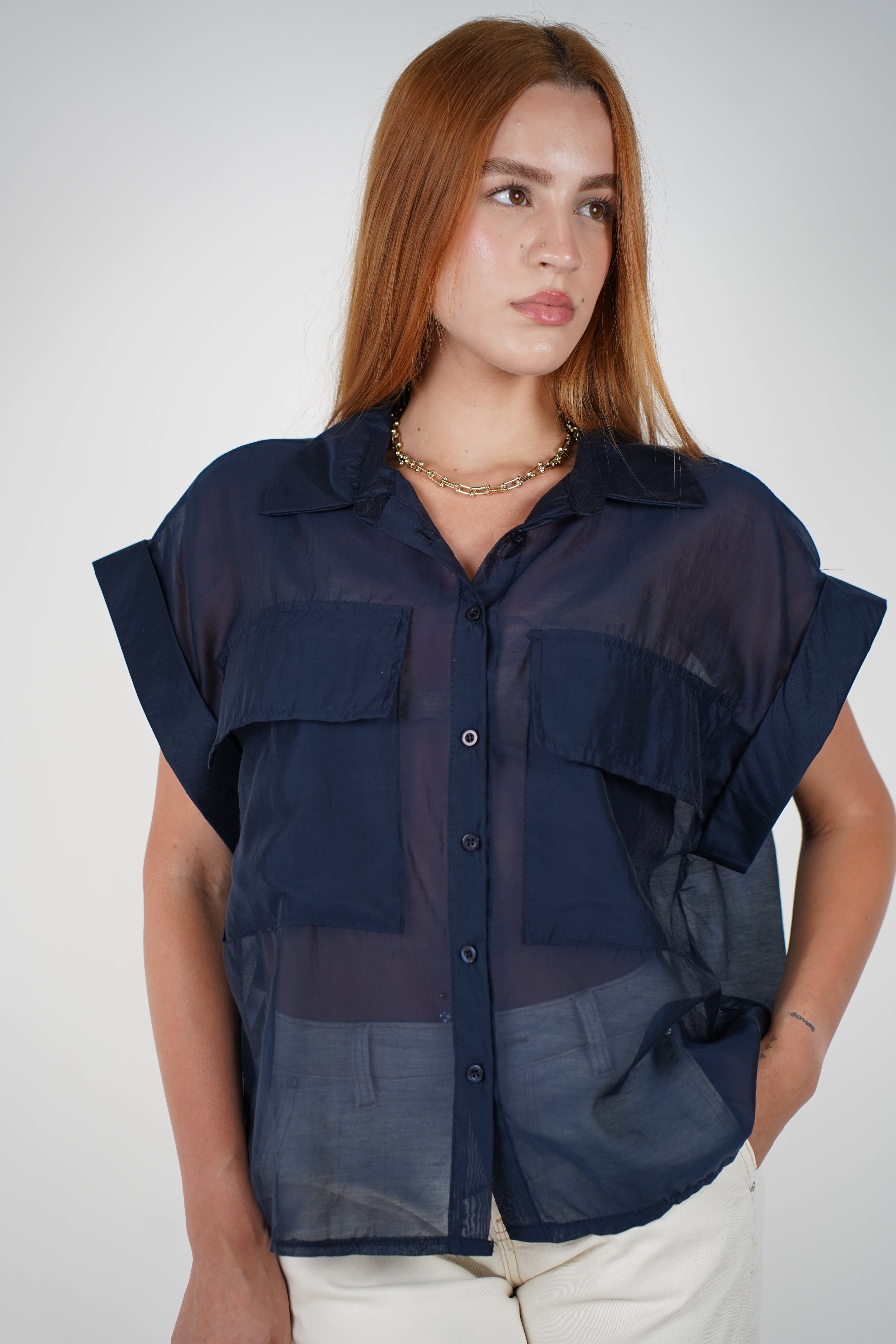 Talira Pockets Button Down – Lightweight Sheer Black Blouse