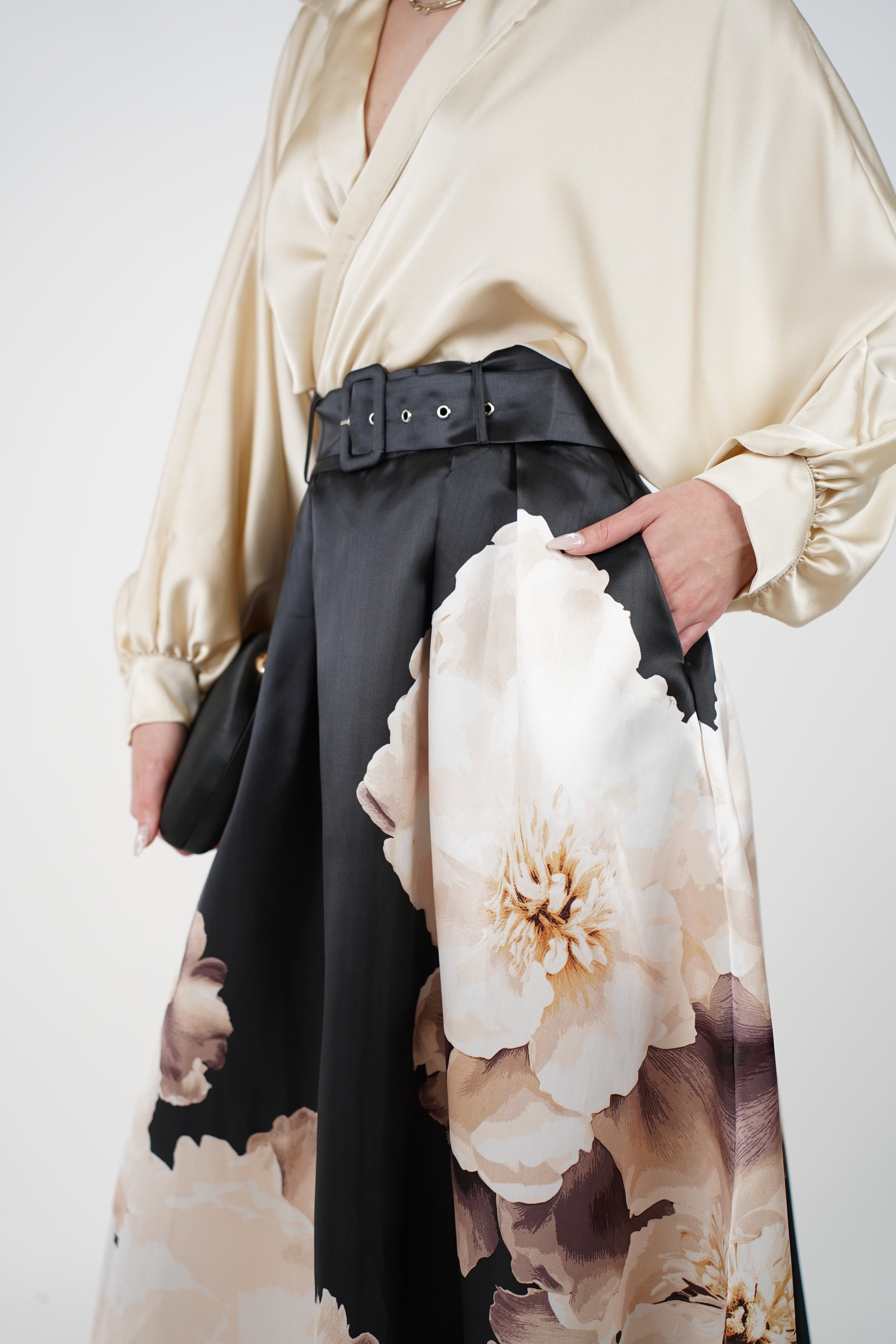 Elen Floral Maxi Skirt – Black Satin A-Line with Ivory Bloom Print