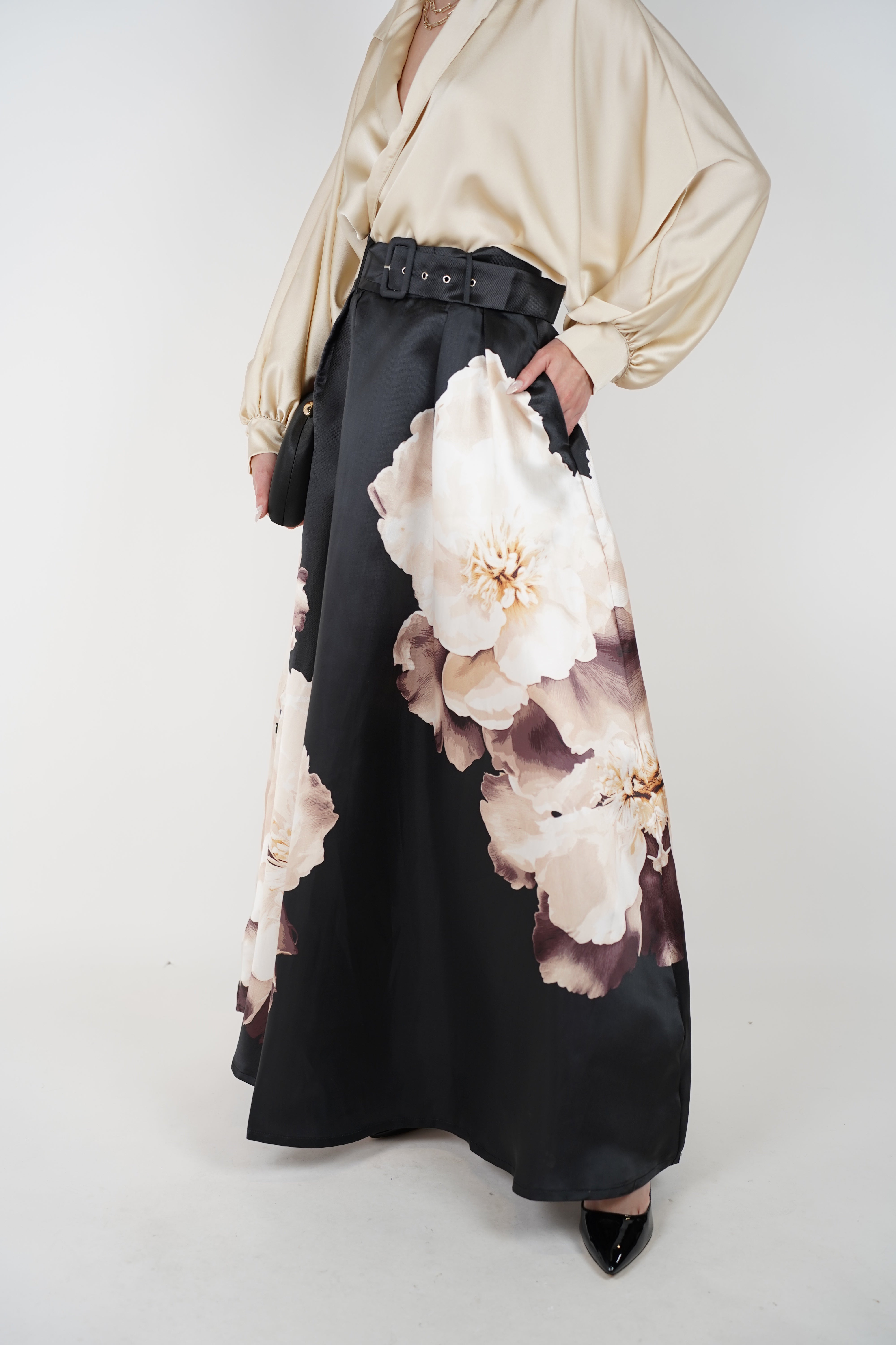 Elen Floral Maxi Skirt – Black Satin A-Line with Ivory Bloom Print