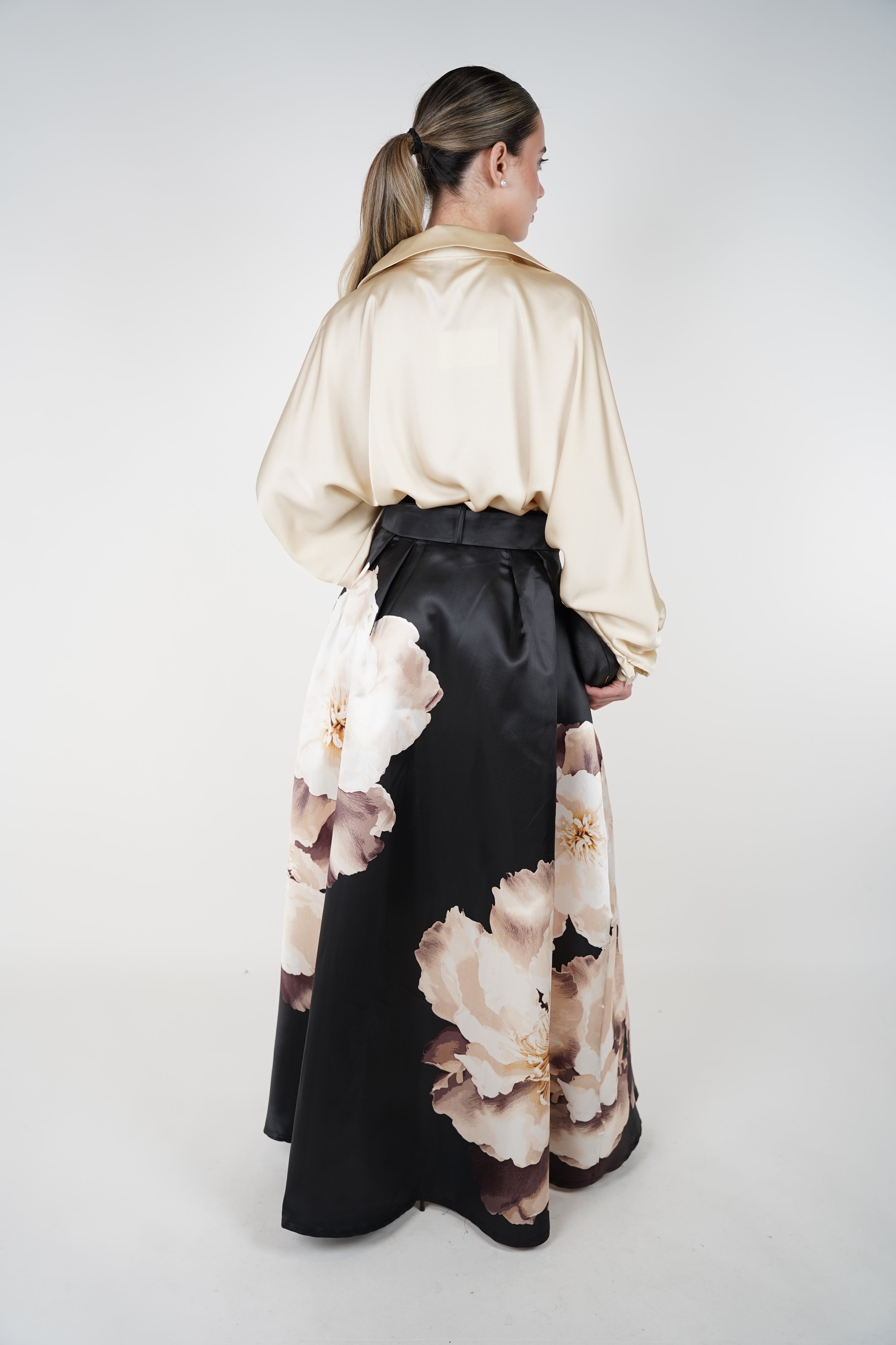 Elen Floral Maxi Skirt – Black Satin A-Line with Ivory Bloom Print