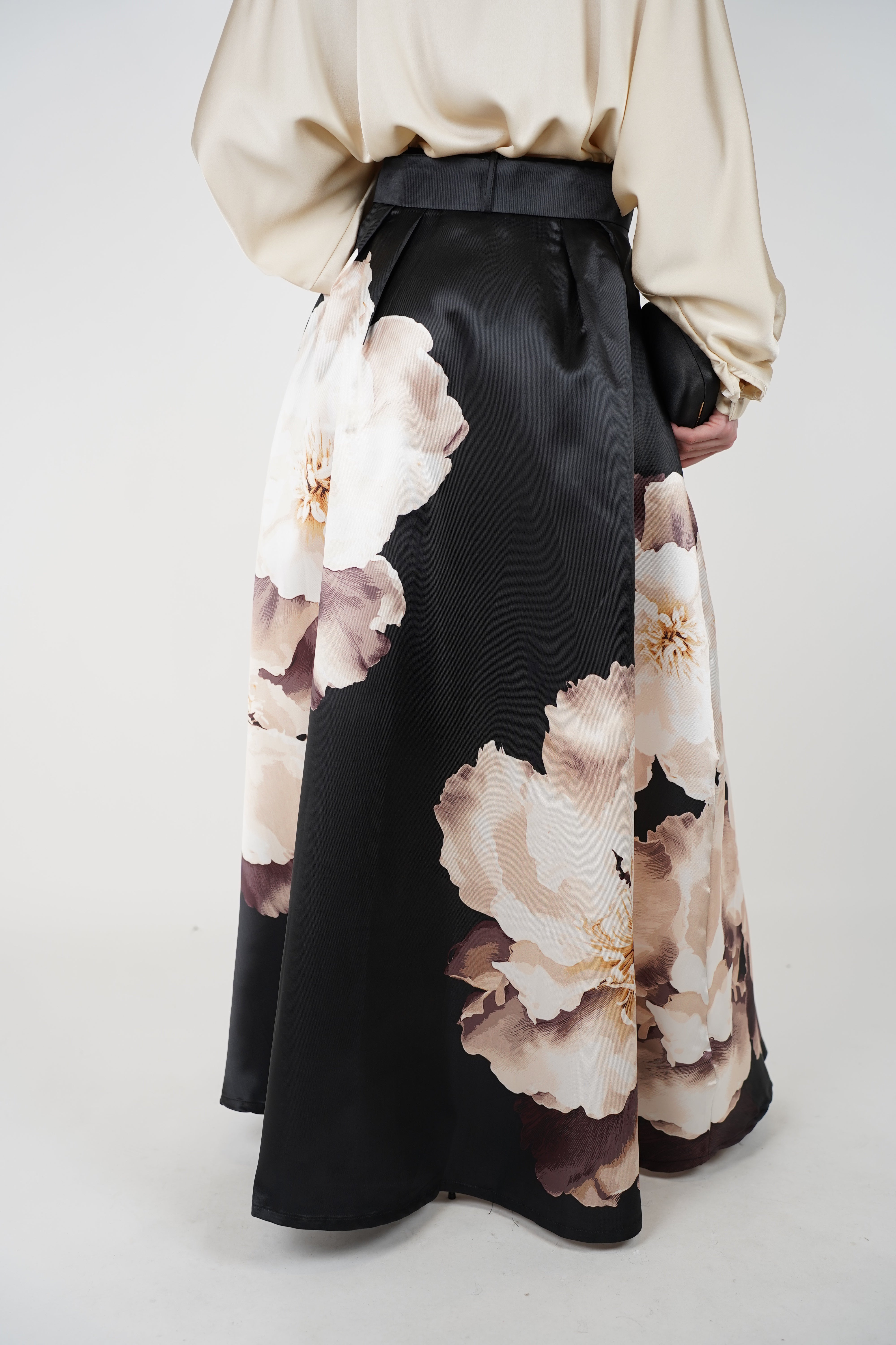 Elen Floral Maxi Skirt – Black Satin A-Line with Ivory Bloom Print