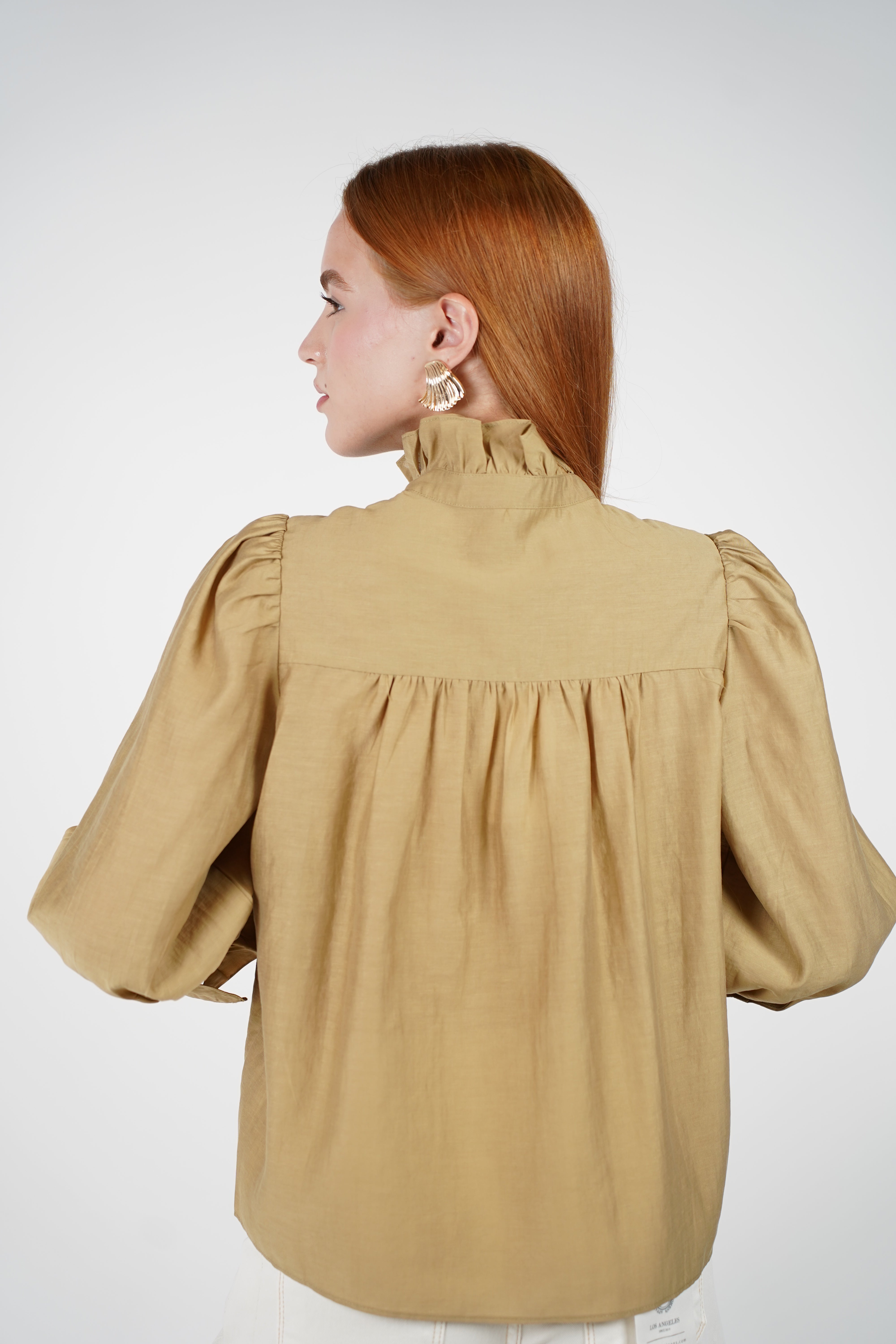 Koren Button Down – Ruffled High Neck Blouse in Golden Olive
