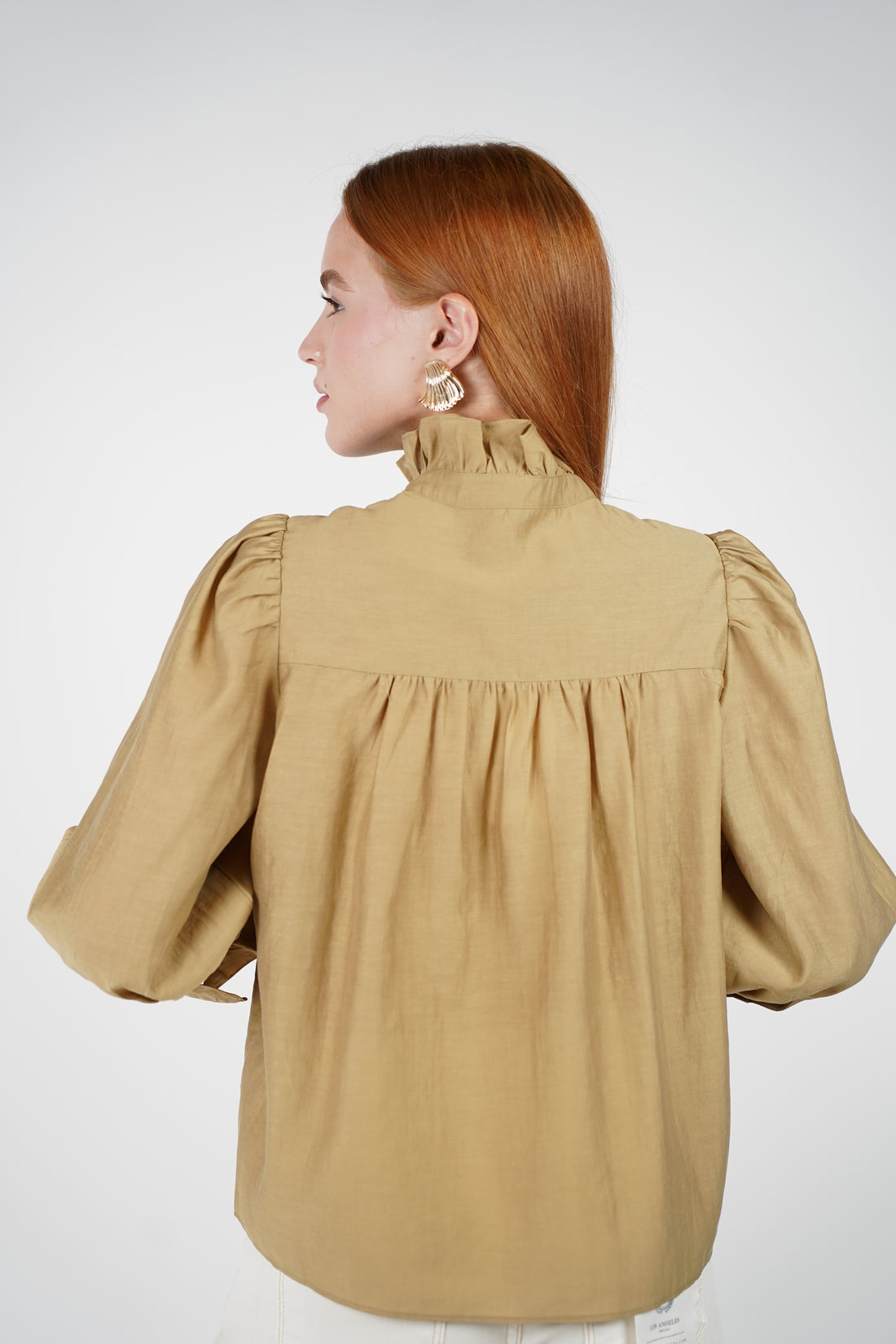 Koren Button Down – Ruffled High Neck Blouse in Golden Olive