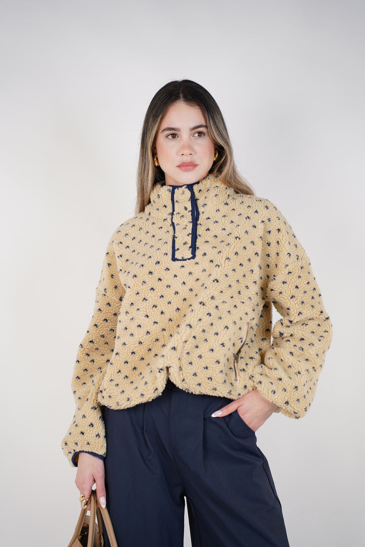 Javie Heart Print Jacket – Cozy Texture, Chic Comfort