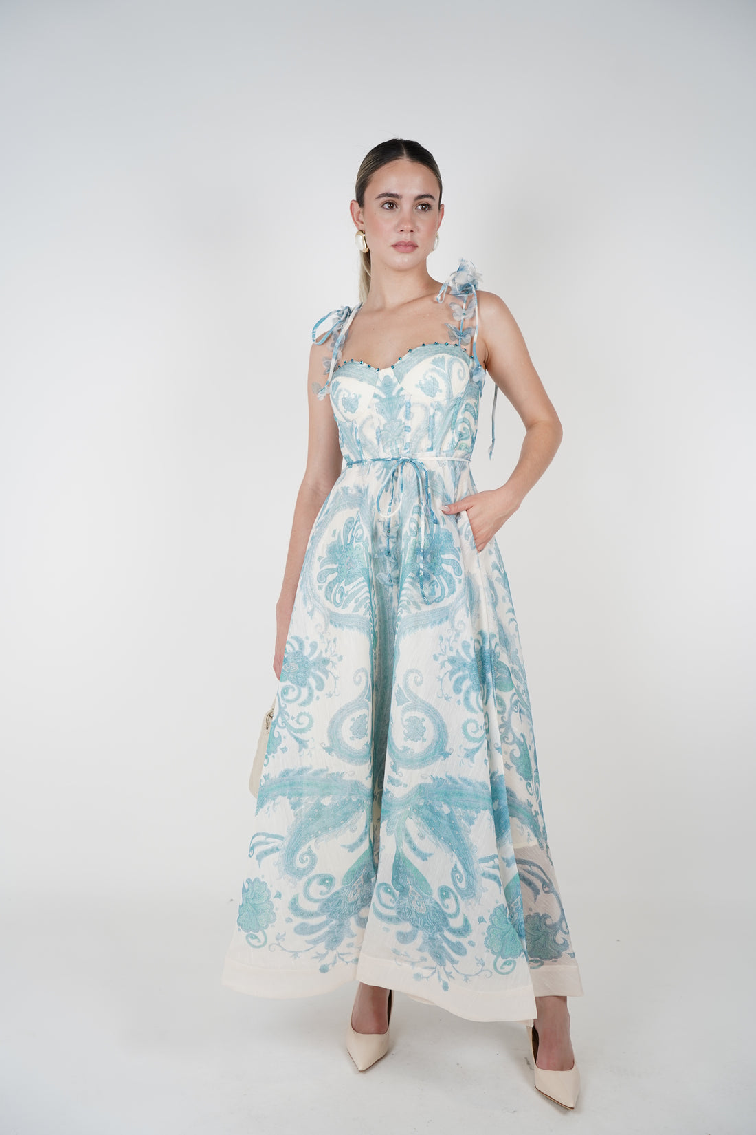 Moria Vintage Stamped Maxi Dress – Whimsical Blue & Ivory Charm