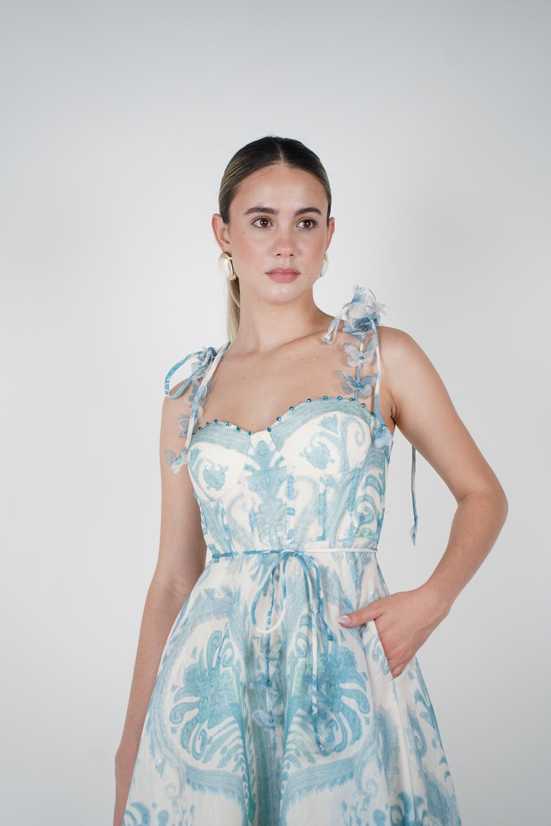 Moria Vintage Stamped Maxi Dress – Whimsical Blue & Ivory Charm