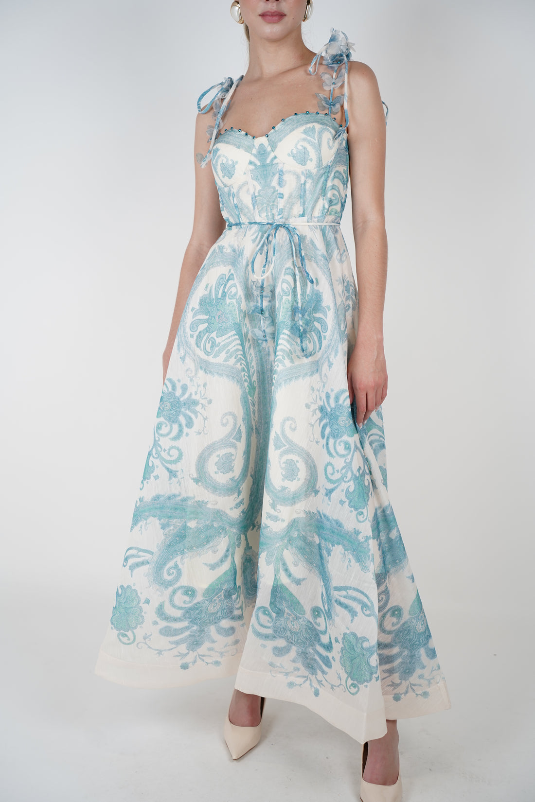 Moria Vintage Stamped Maxi Dress – Whimsical Blue & Ivory Charm