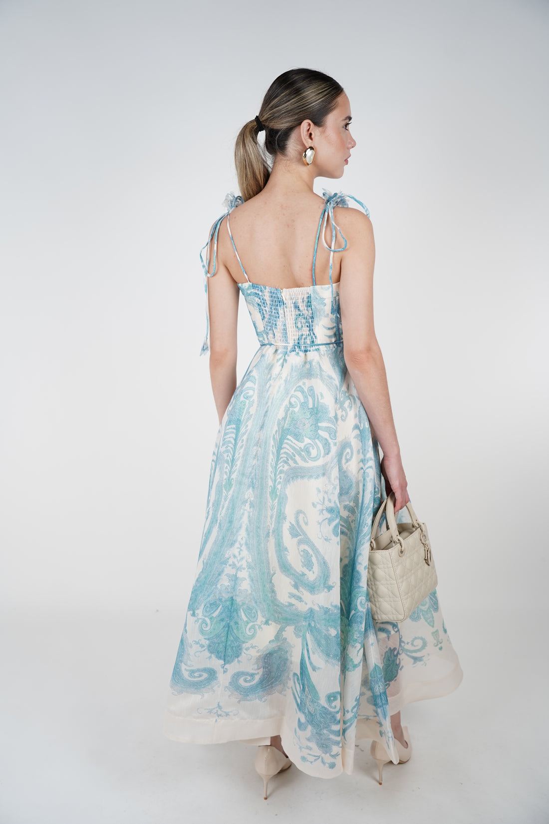 Moria Vintage Stamped Maxi Dress – Whimsical Blue & Ivory Charm