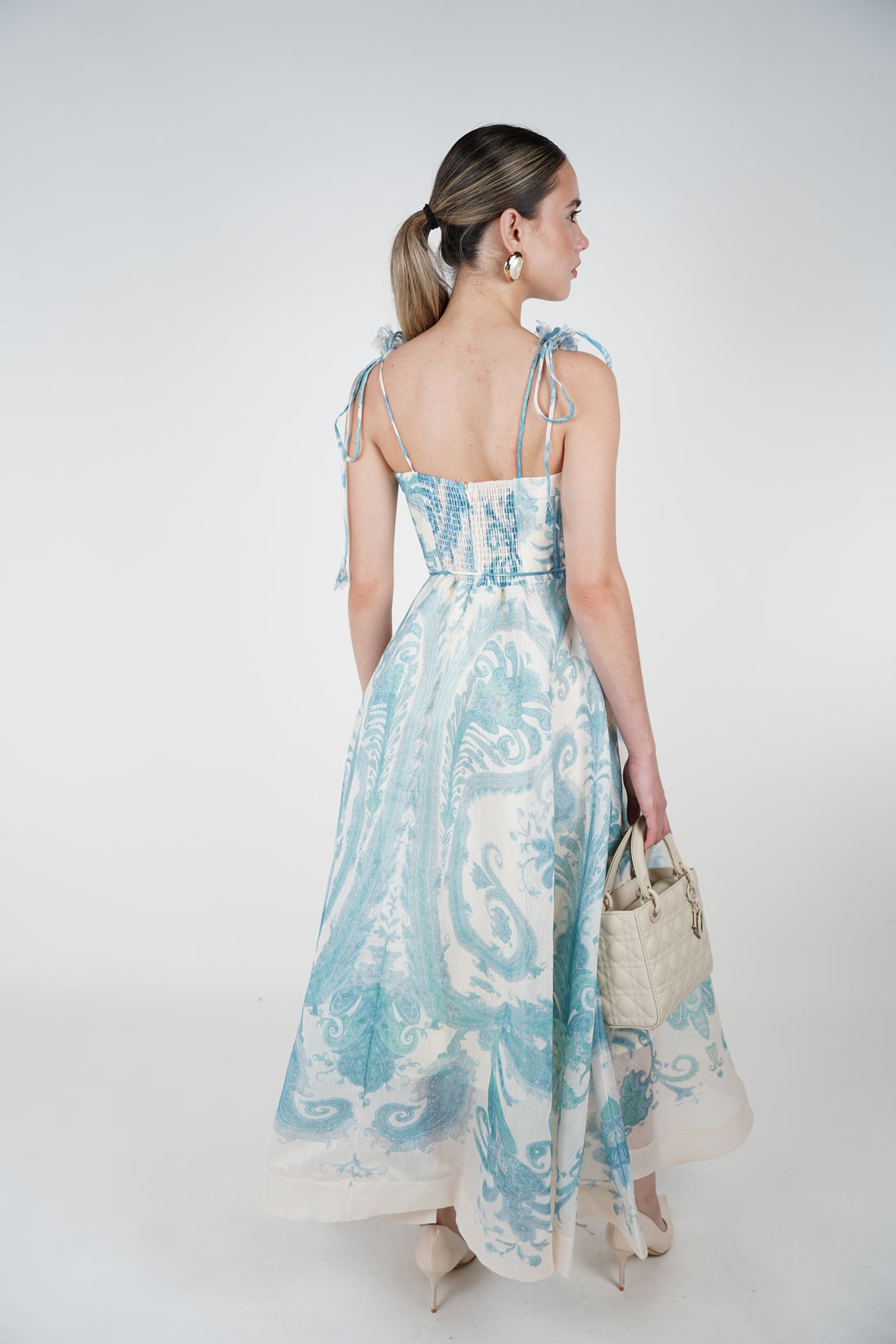 Moria Vintage Stamped Maxi Dress – Whimsical Blue & Ivory Charm